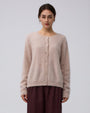 Juana Brushed Wool-Blend Cardigan in Oatmeal Melange (wool–cashmere–silk blend) worn with the natural shell buttons fastened
