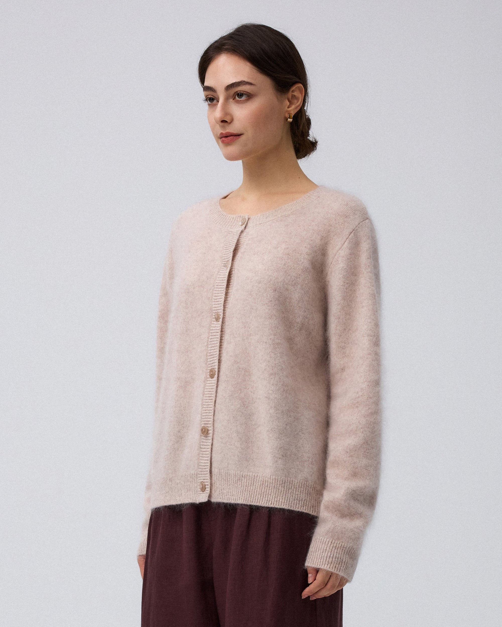Juana Brushed Wool-Blend Cardigan in Oatmeal Melange (wool–cashmere–silk blend) shown from the side with a relaxed drape