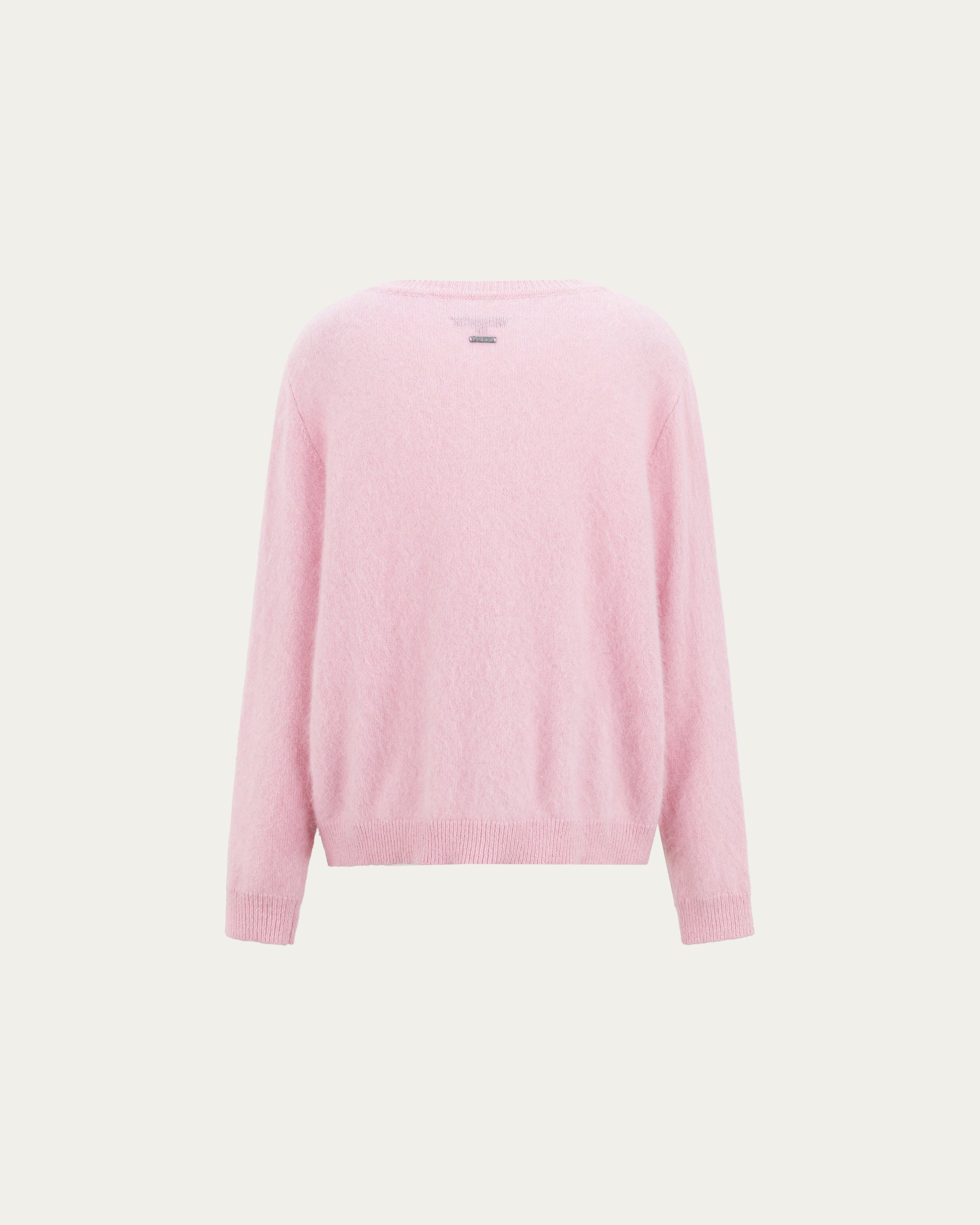 Juana Brushed Wool-Blend Cardigan in Vintage Pink (wool–cashmere–silk blend) shown from the back with a relaxed silhouette