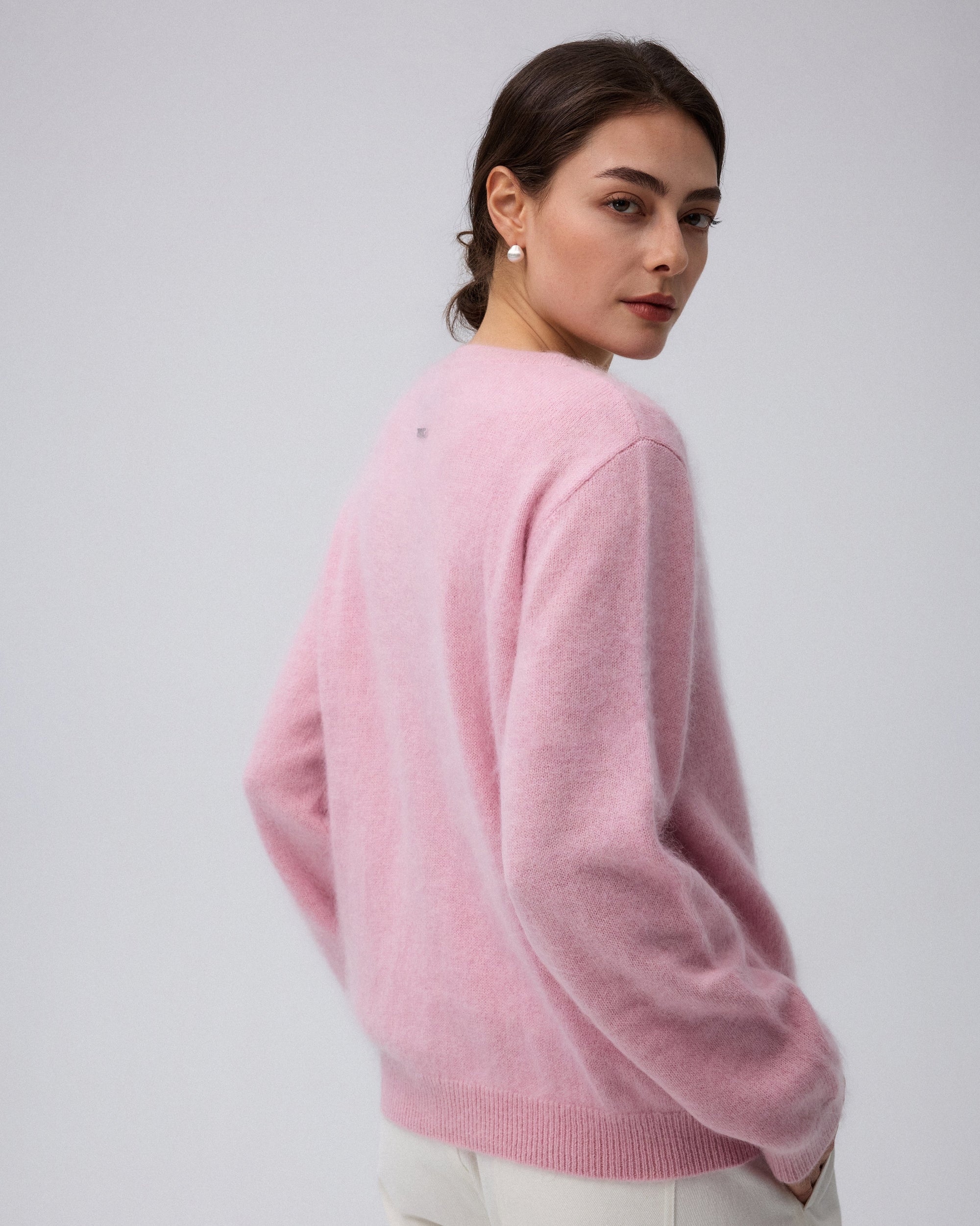Juana Brushed Wool-Blend Cardigan in Vintage Pink (wool–cashmere–silk blend) shown from the back with long sleeves