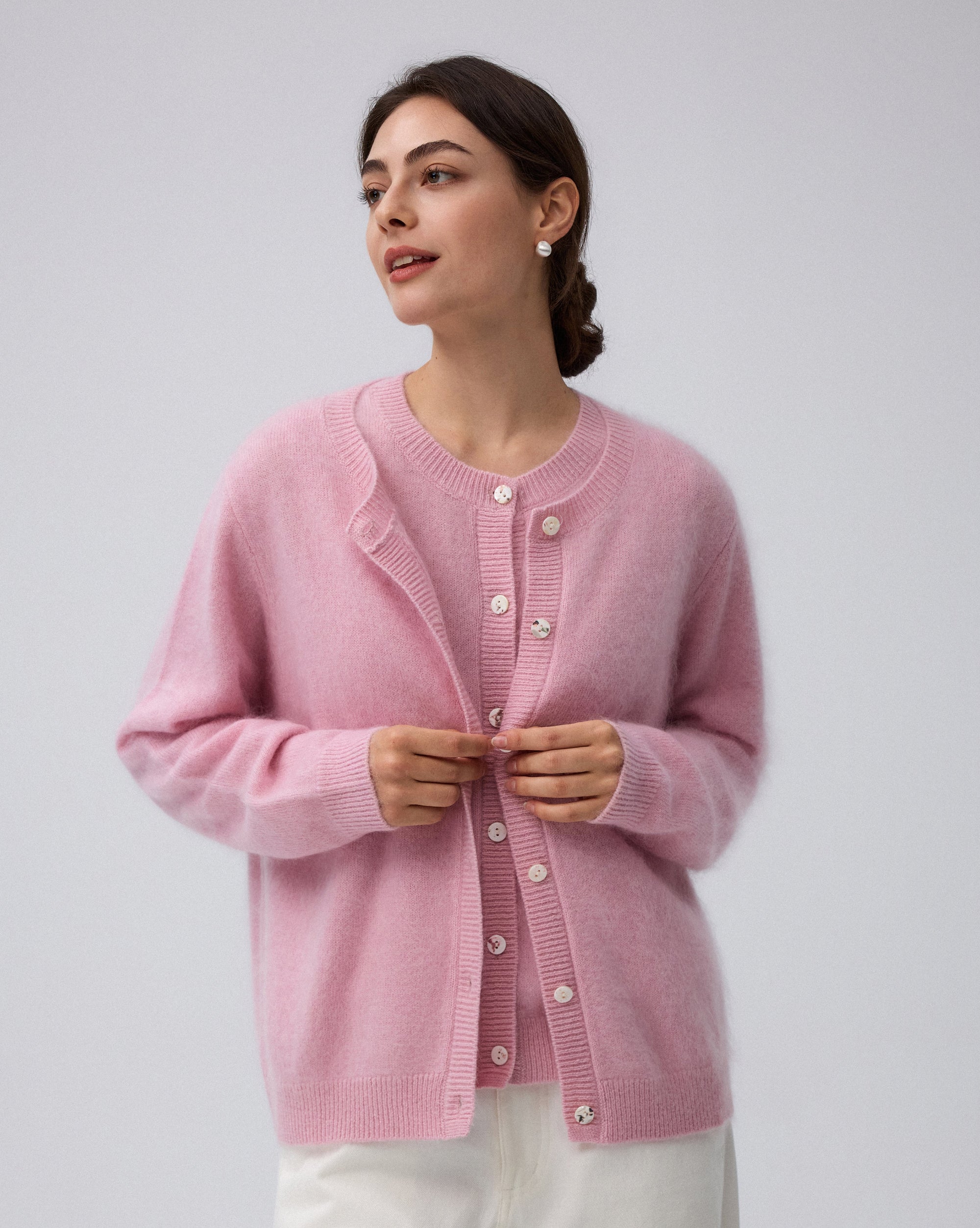 Juana Brushed Wool-Blend Cardigan in Vintage Pink (wool–cashmere–silk blend) styled in a complete layered outfit