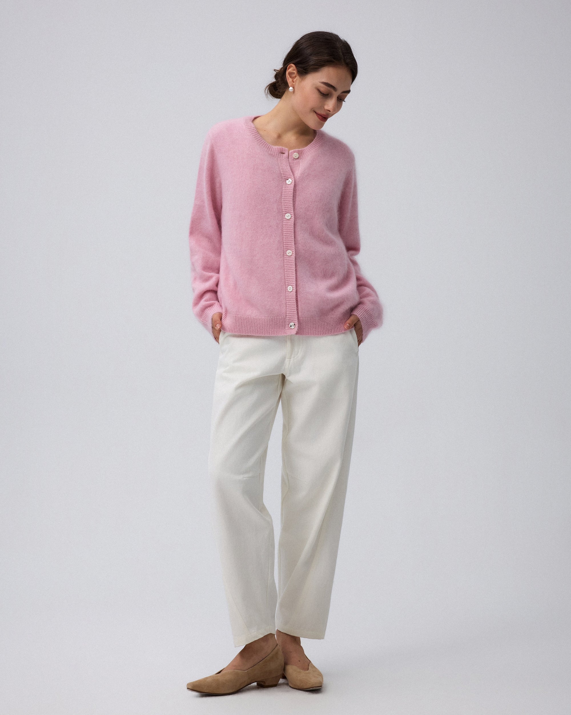 Juana Brushed Wool-Blend Cardigan in Vintage Pink (wool–cashmere–silk blend) styled as a soft everyday layer