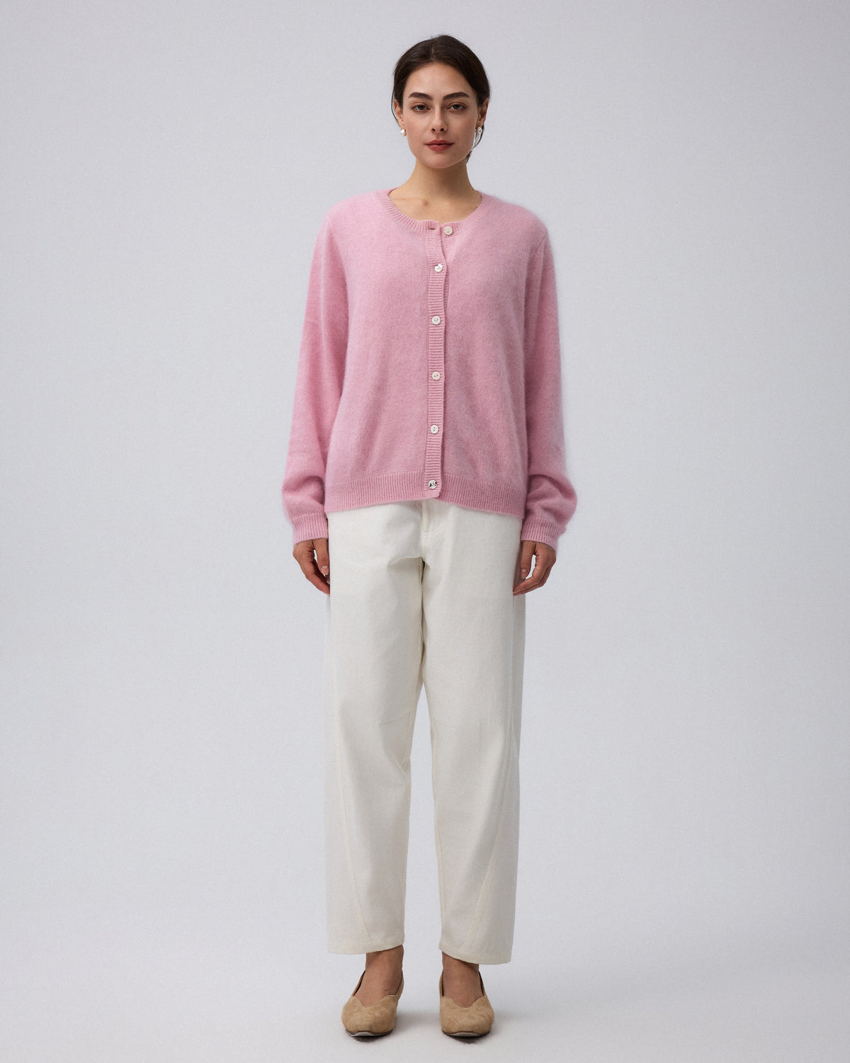 Juana Brushed Wool-Blend Cardigan in Vintage Pink (wool–cashmere–silk blend) worn with the natural shell buttons fastened