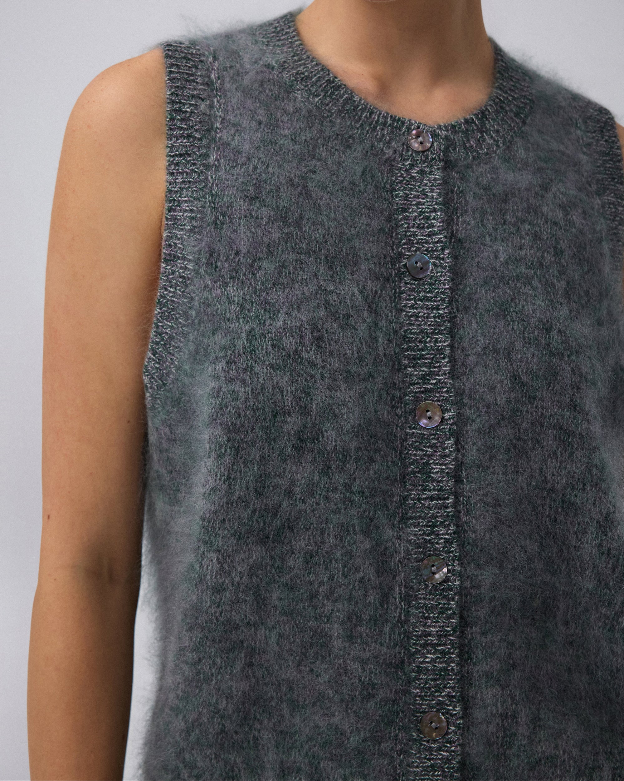 Juana Brushed Wool-Blend Vest in Forest Multi (wool–cashmere–silk) close-up showing shell buttons and brushed texture