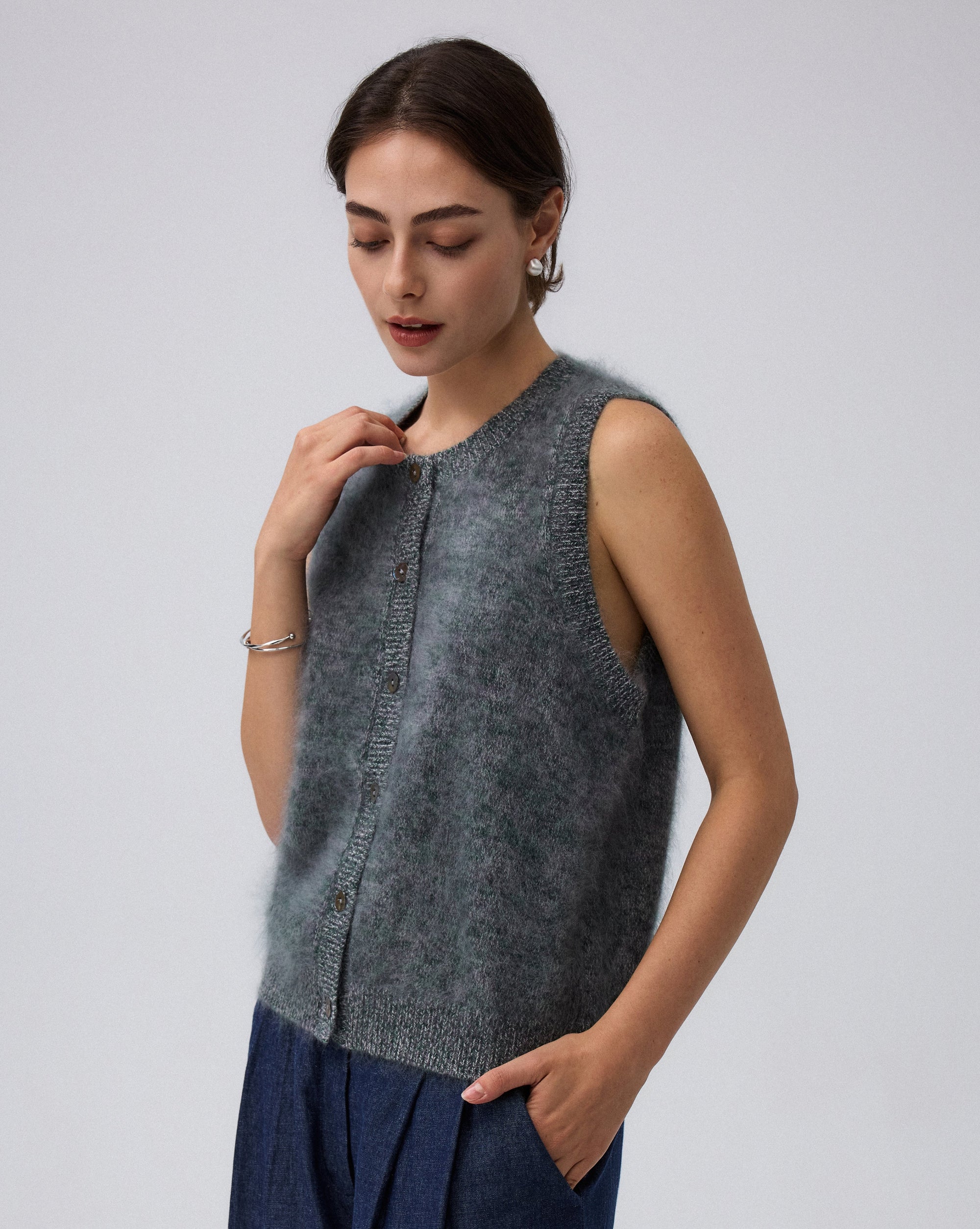 Juana Brushed Wool-Blend Vest in Forest Multi (wool–cashmere–silk) shown from the side with a true-to-size fit