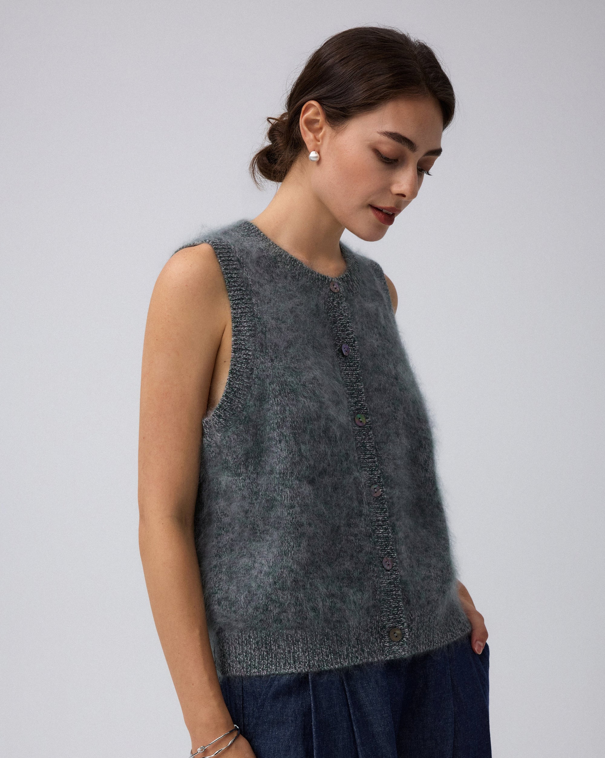 Juana Brushed Wool-Blend Vest in Forest Multi (wool–cashmere–silk) shown from the side with a true-to-size fit