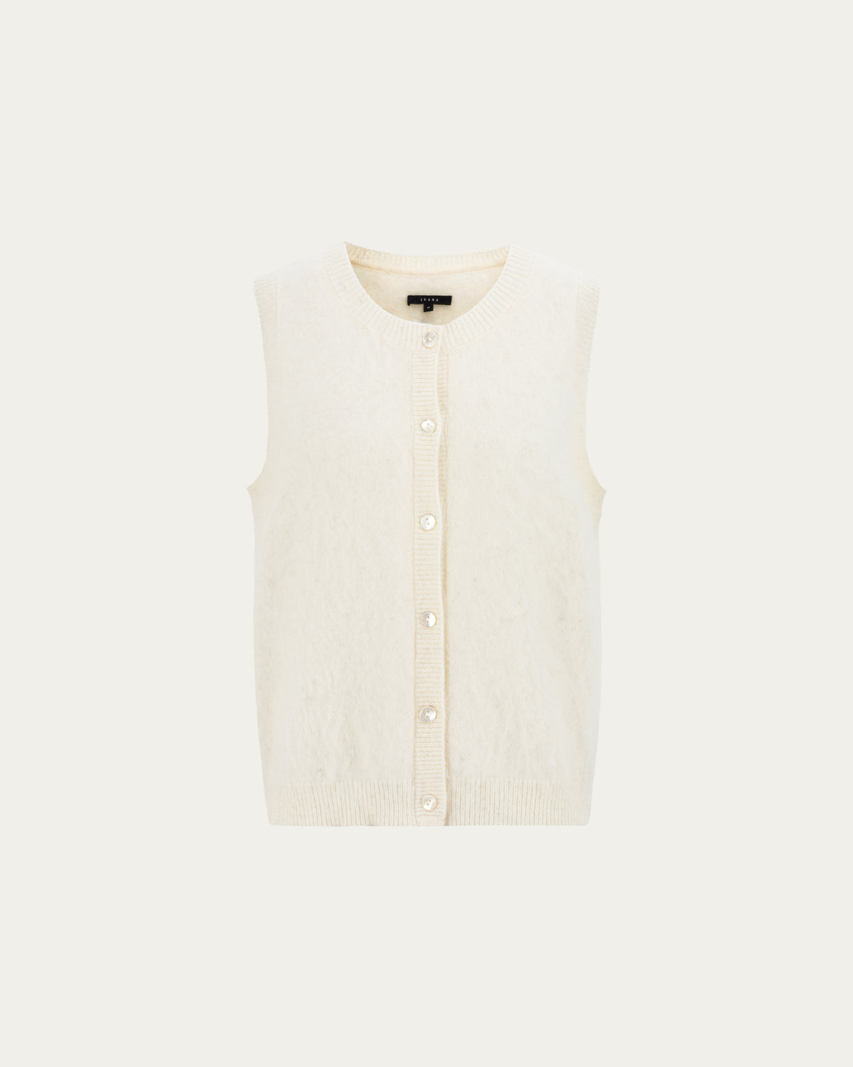 Juana Brushed Wool-Blend Vest in Ivory (wool–cashmere–silk) shown from the front with a crew neckline and button closure