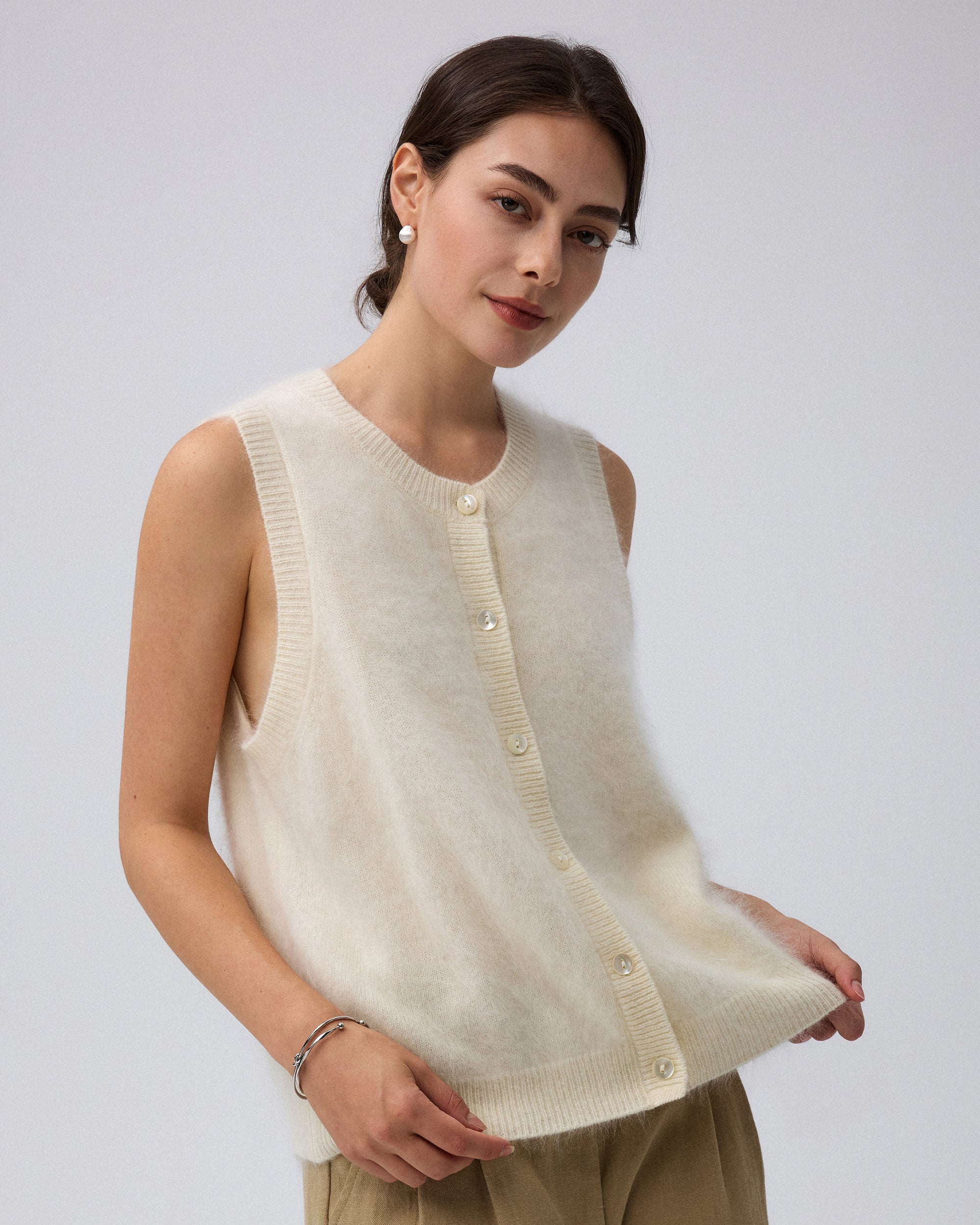 Juana Brushed Wool-Blend Vest in Ivory (wool–cashmere–silk) close-up showing natural shell buttons and brushed texture