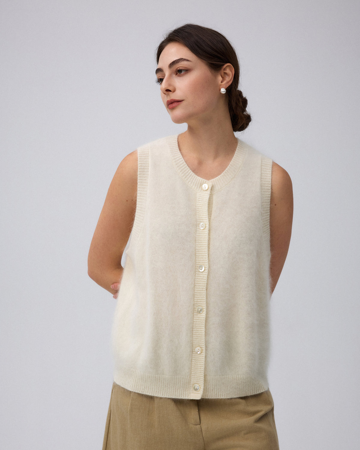 Juana Brushed Wool-Blend Vest in Ivory (wool–cashmere–silk) styled with tailored trousers to show its refined shape