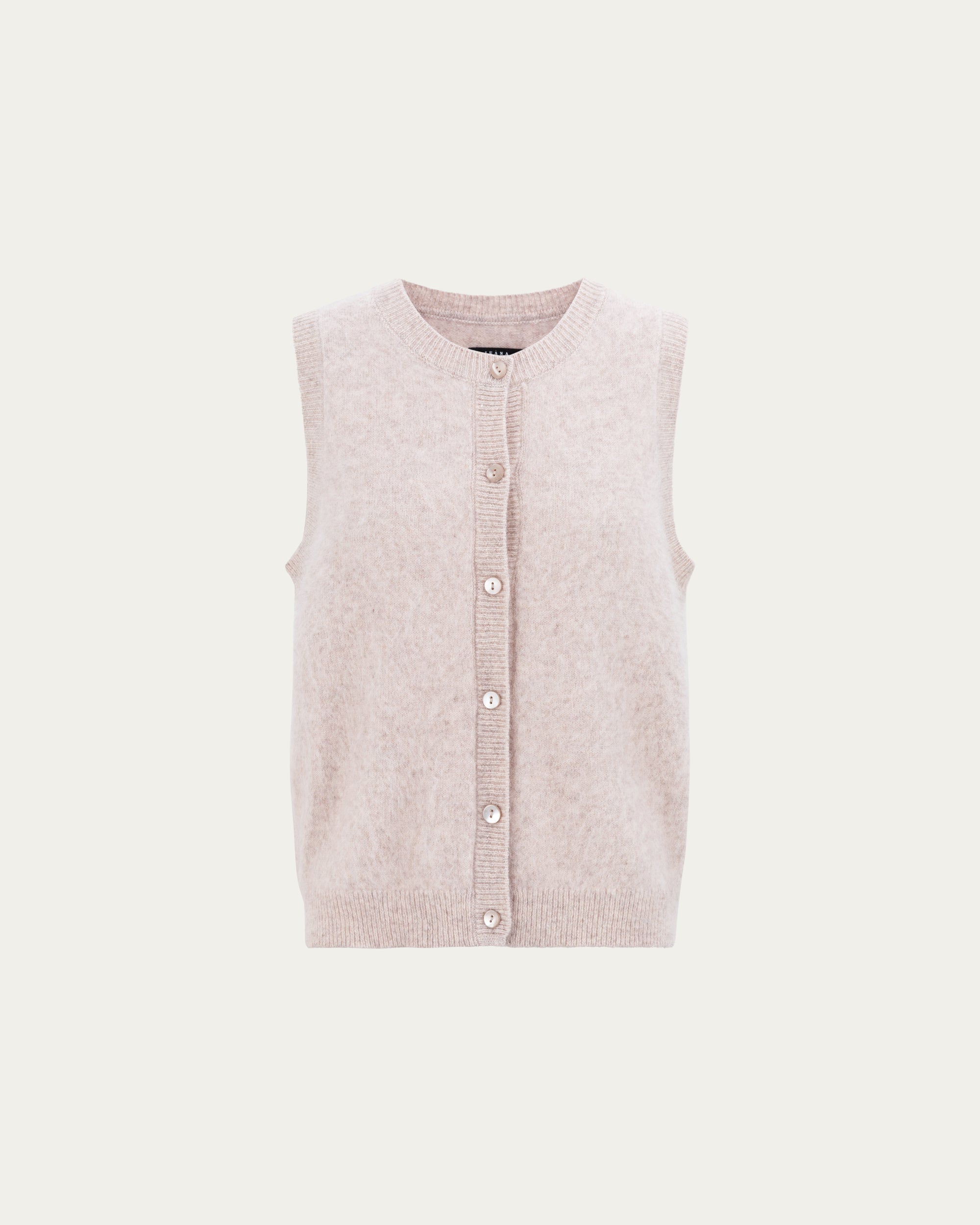 Juana Brushed Wool-Blend Vest in Oatmeal Melange (wool–cashmere–silk) shown from the front with a crew neckline