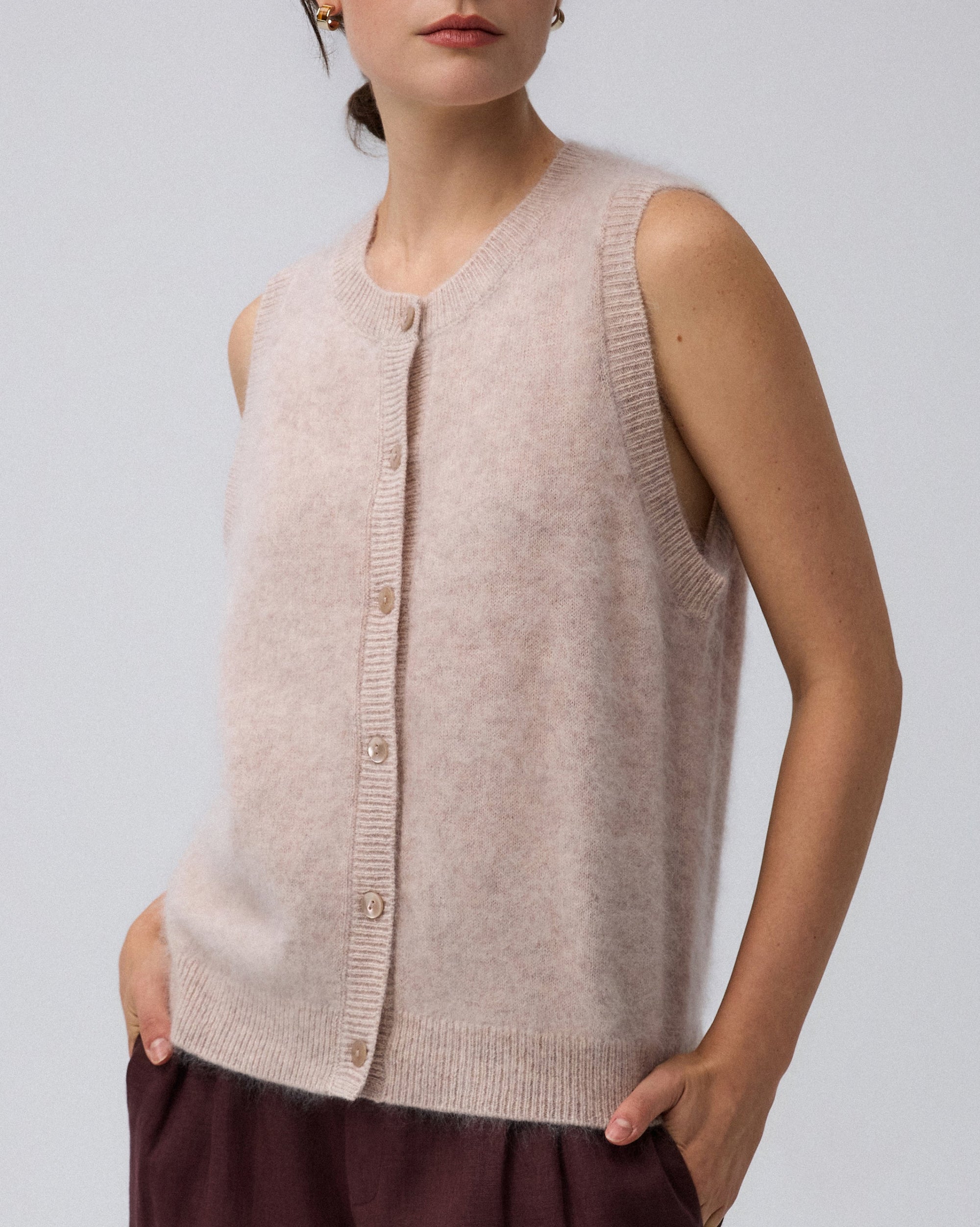 Juana Brushed Wool-Blend Vest in Oatmeal Melange (wool–cashmere–silk) close-up showing shell buttons and soft texture