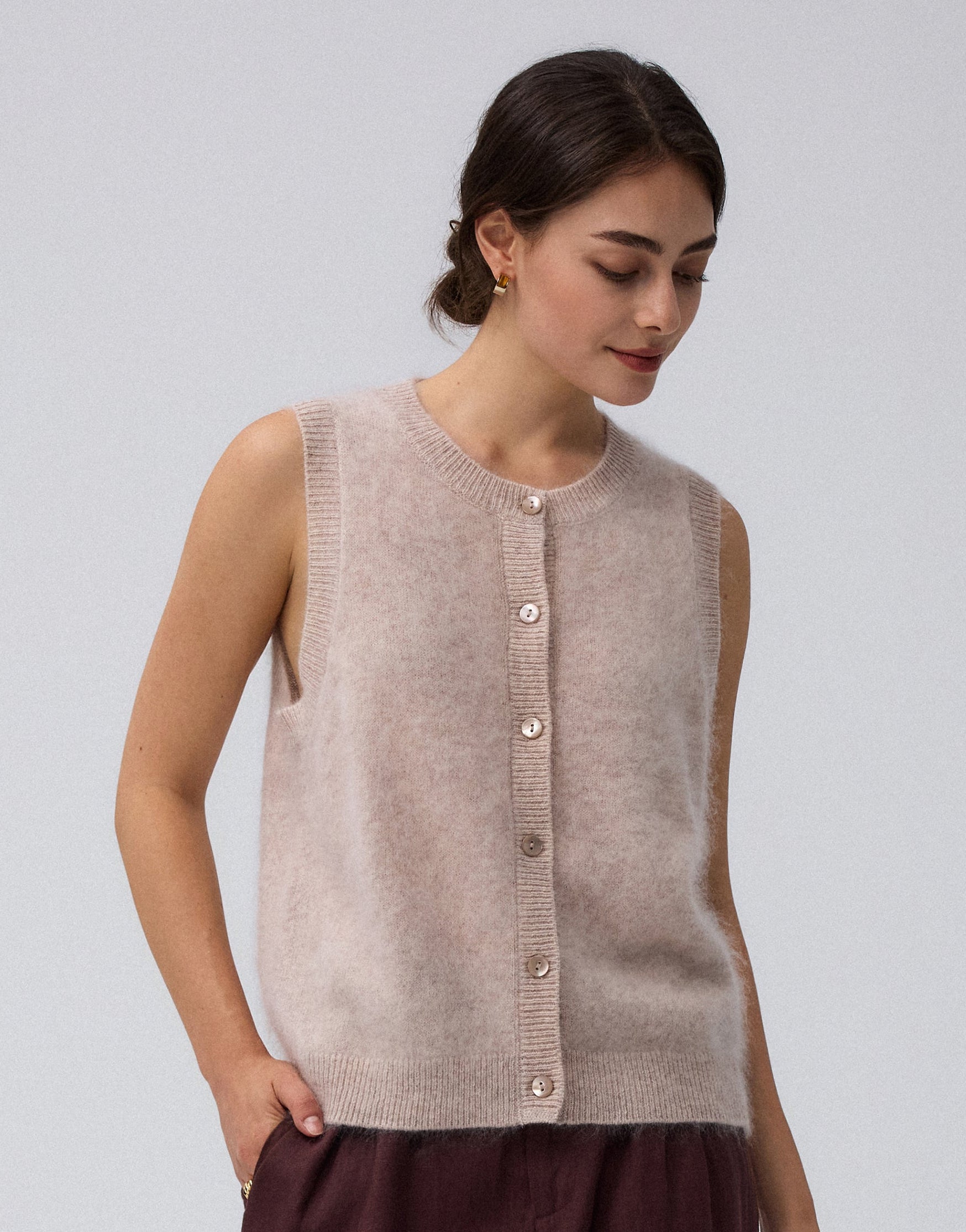 Juana Brushed Wool-Blend Vest in Oatmeal Melange (wool–cashmere–silk) layered over a lightweight shirt