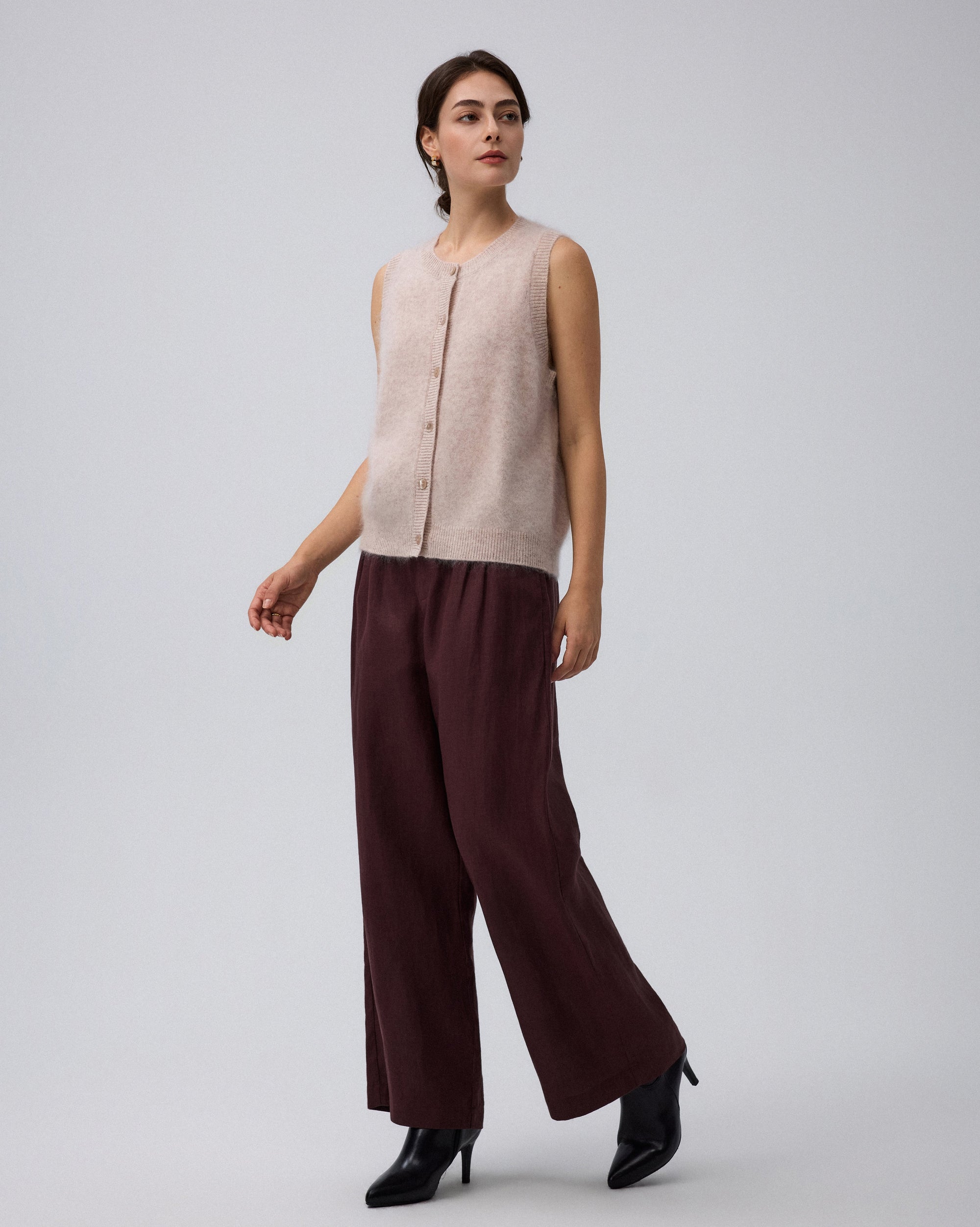 Juana Brushed Wool-Blend Vest in Oatmeal Melange (wool–cashmere–silk) styled with tailored trousers