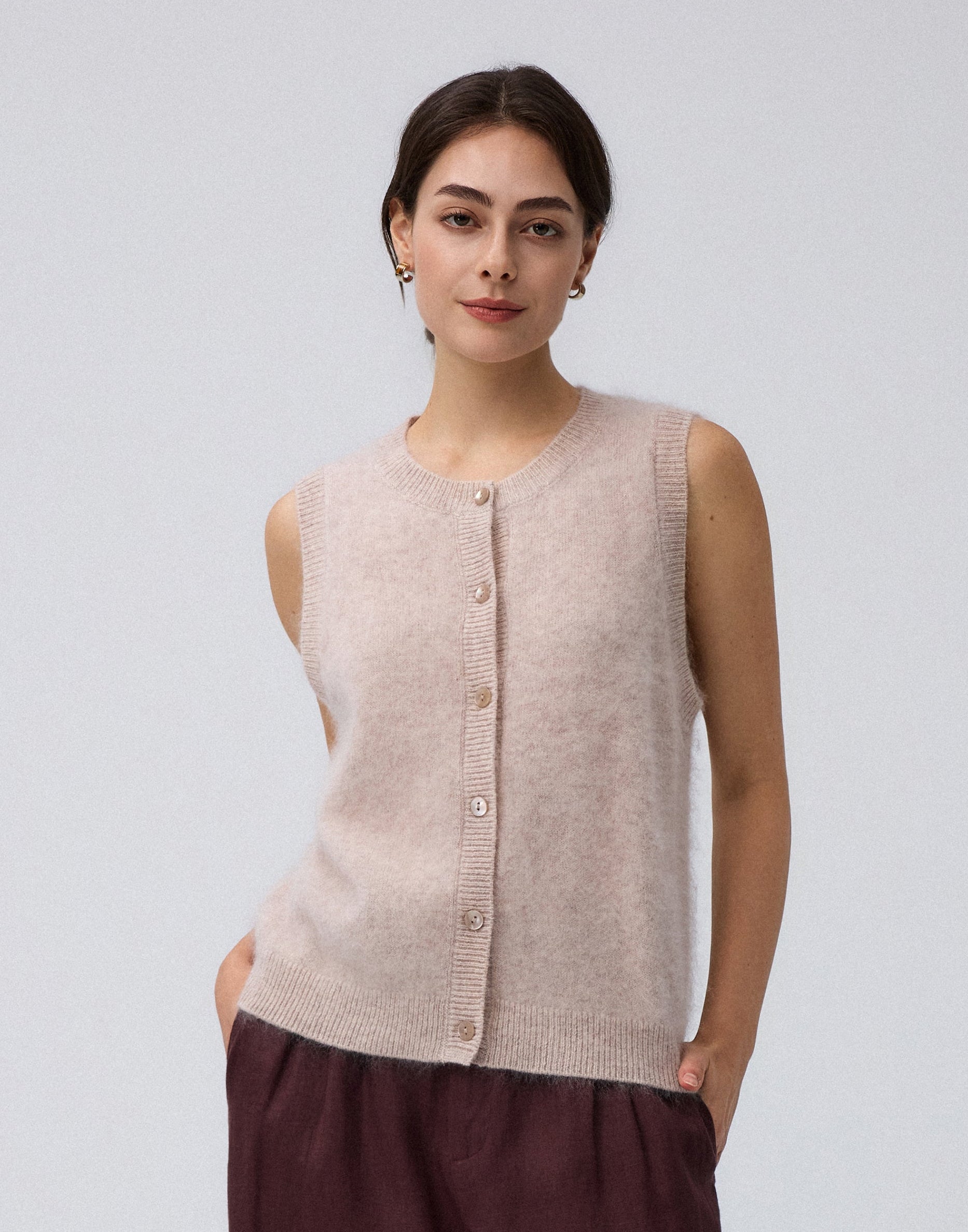 Juana Brushed Wool-Blend Vest in Oatmeal Melange (wool–cashmere–silk) worn with its shell button front visible