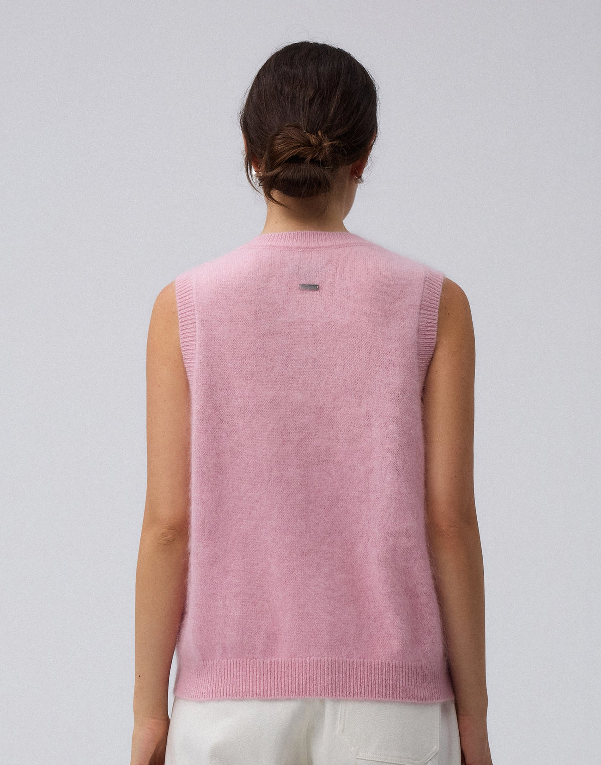 Juana Brushed Wool-Blend Vest in Vintage Pink (wool–cashmere–silk) shown from the back with a streamlined shape
