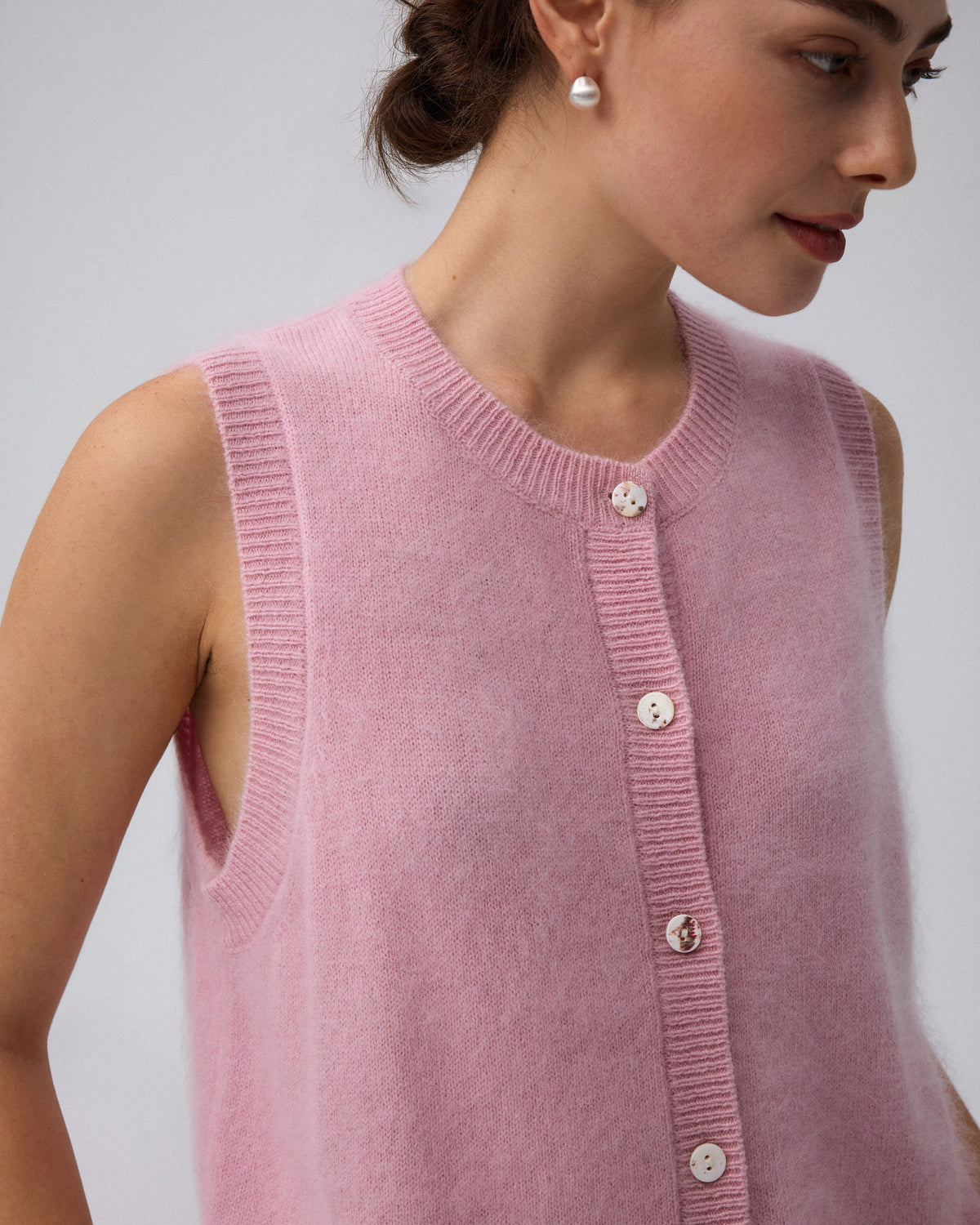 Juana Brushed Wool-Blend Vest in Vintage Pink (wool–cashmere–silk) close-up showing shell buttons and brushed texture