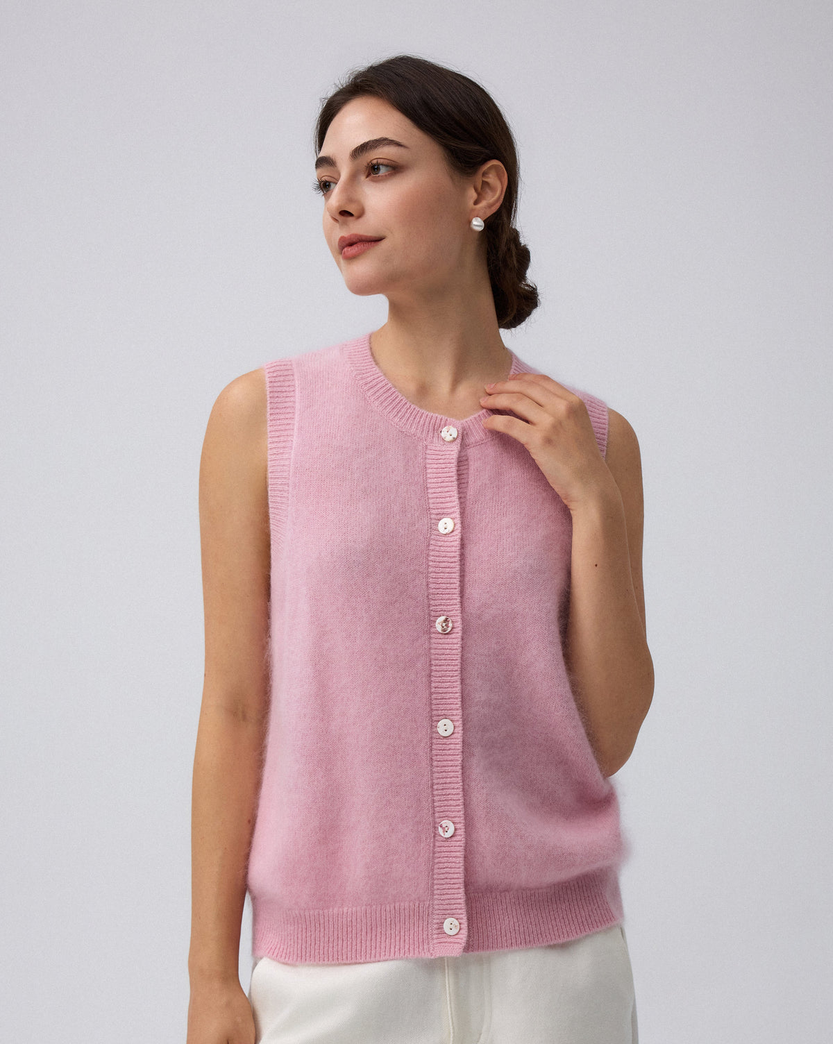 Juana Brushed Wool-Blend Vest in Vintage Pink (wool–cashmere–silk) close-up showing shell buttons and brushed texture