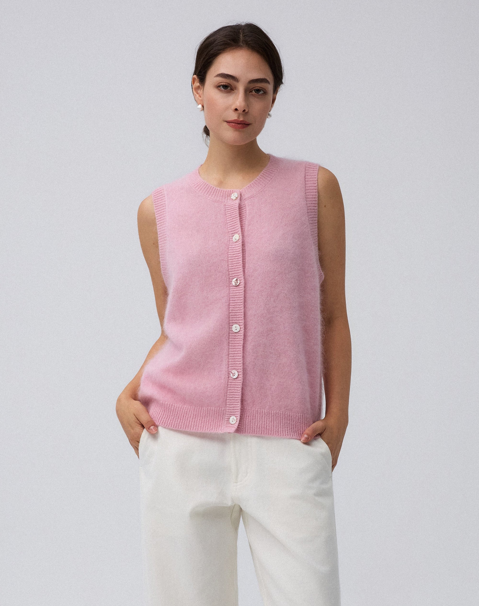 Juana Brushed Wool-Blend Vest in Vintage Pink (wool–cashmere–silk) styled with tailored trousers