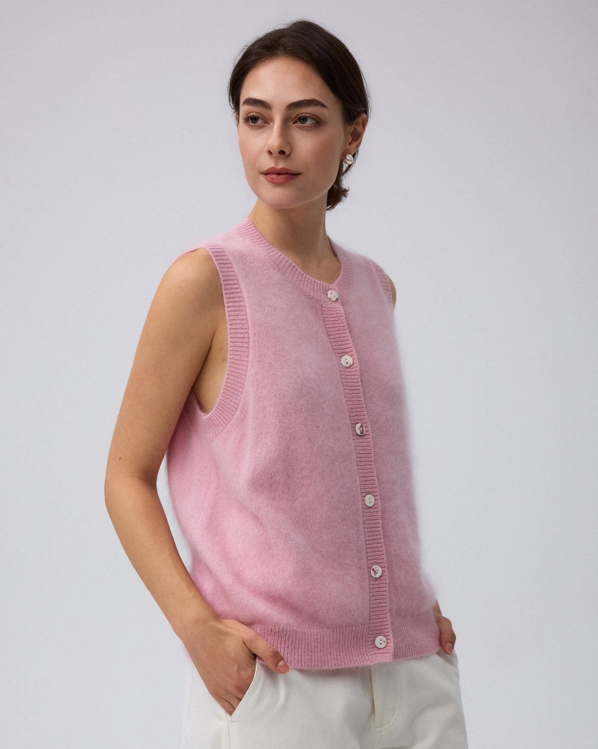Juana Brushed Wool-Blend Vest in Vintage Pink (wool–cashmere–silk) worn with a crew neckline and shell button front