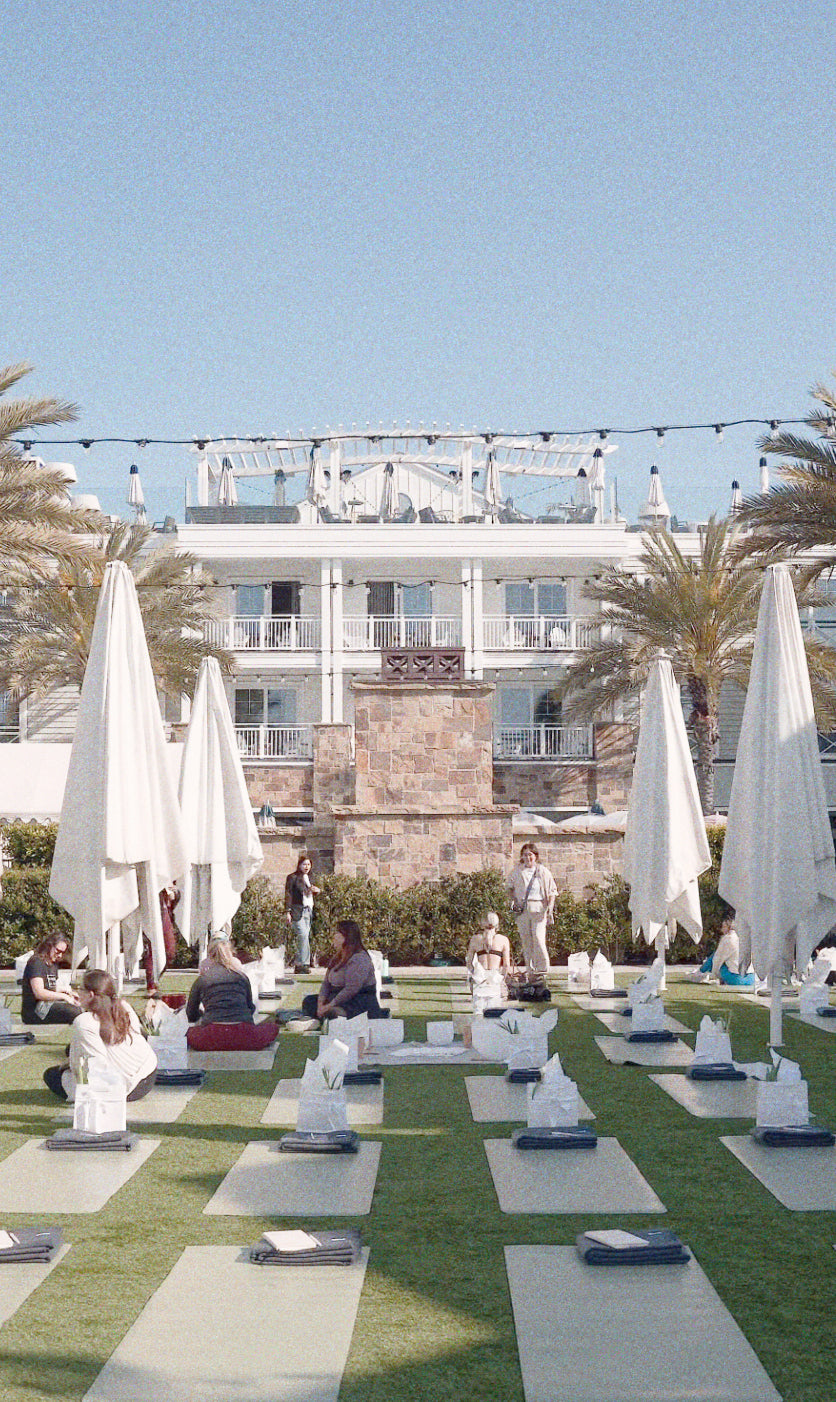 Participants enjoying a restorative reset event at Lido House, Newport Beach, with guided wellness activities hosted by Juana Care Club in March 2025.