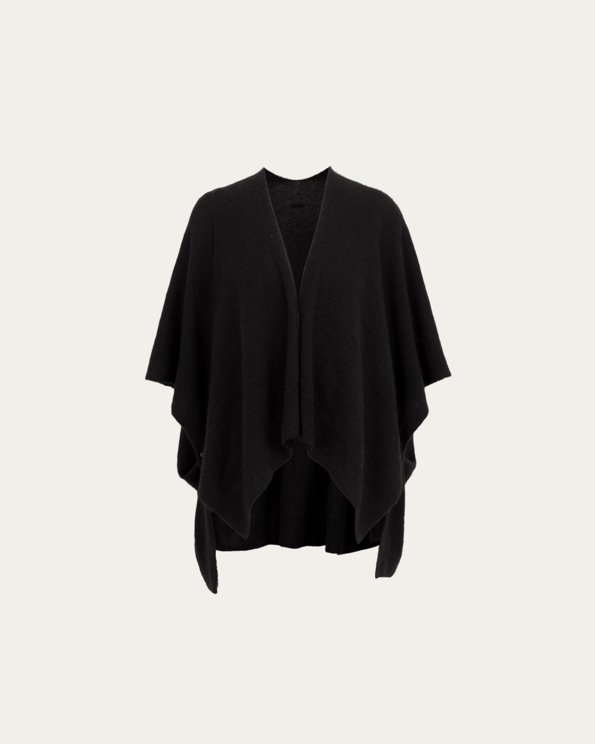 Ghost mannequin front view of black wool–cashmere–hemp cape; clean neckline and front drape.