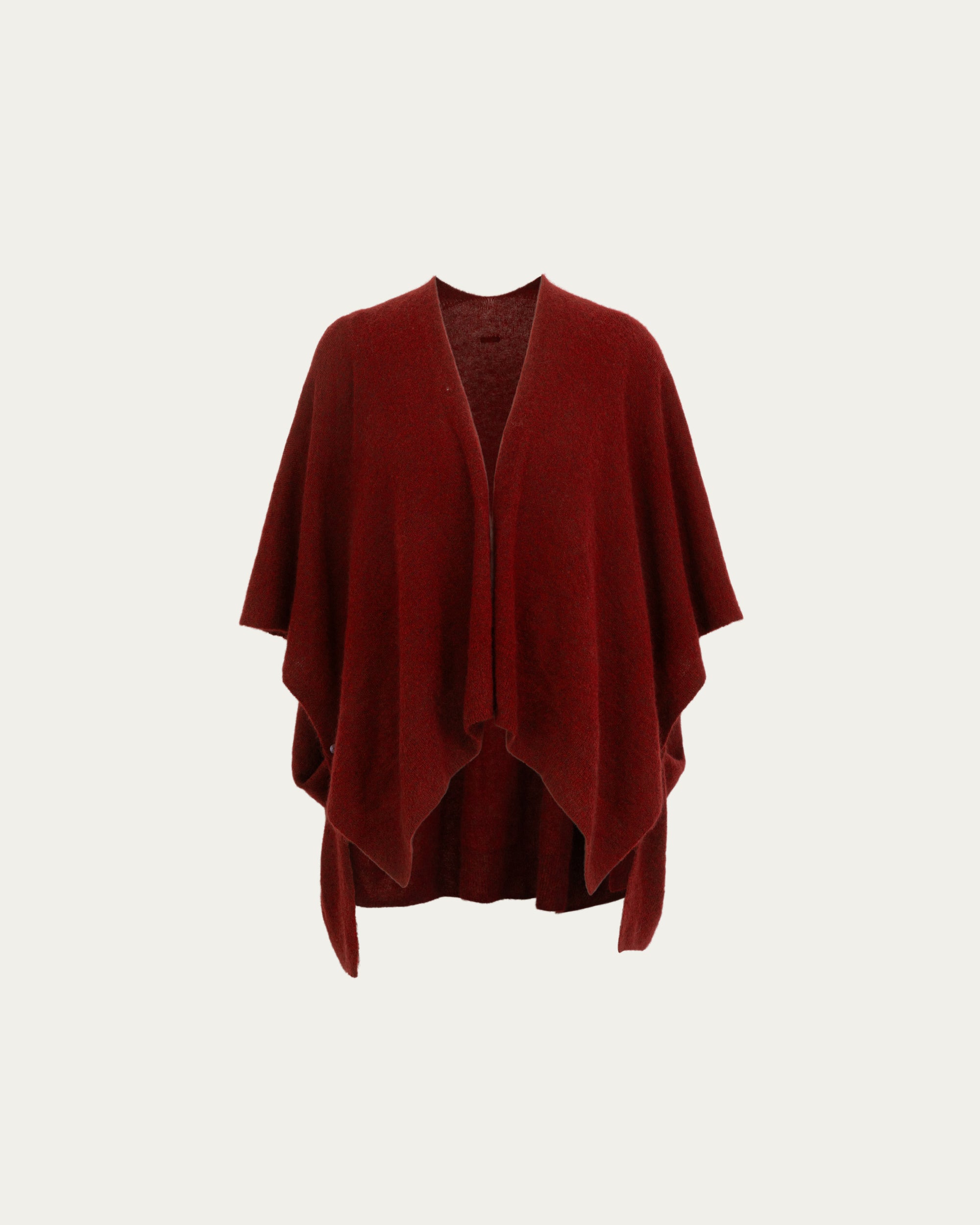 Ghost mannequin front view of burgundy wool–cashmere–hemp cape; clean front drape and neckline.