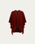 Ghost mannequin front view of burgundy wool–cashmere–hemp cape; clean front drape and neckline.