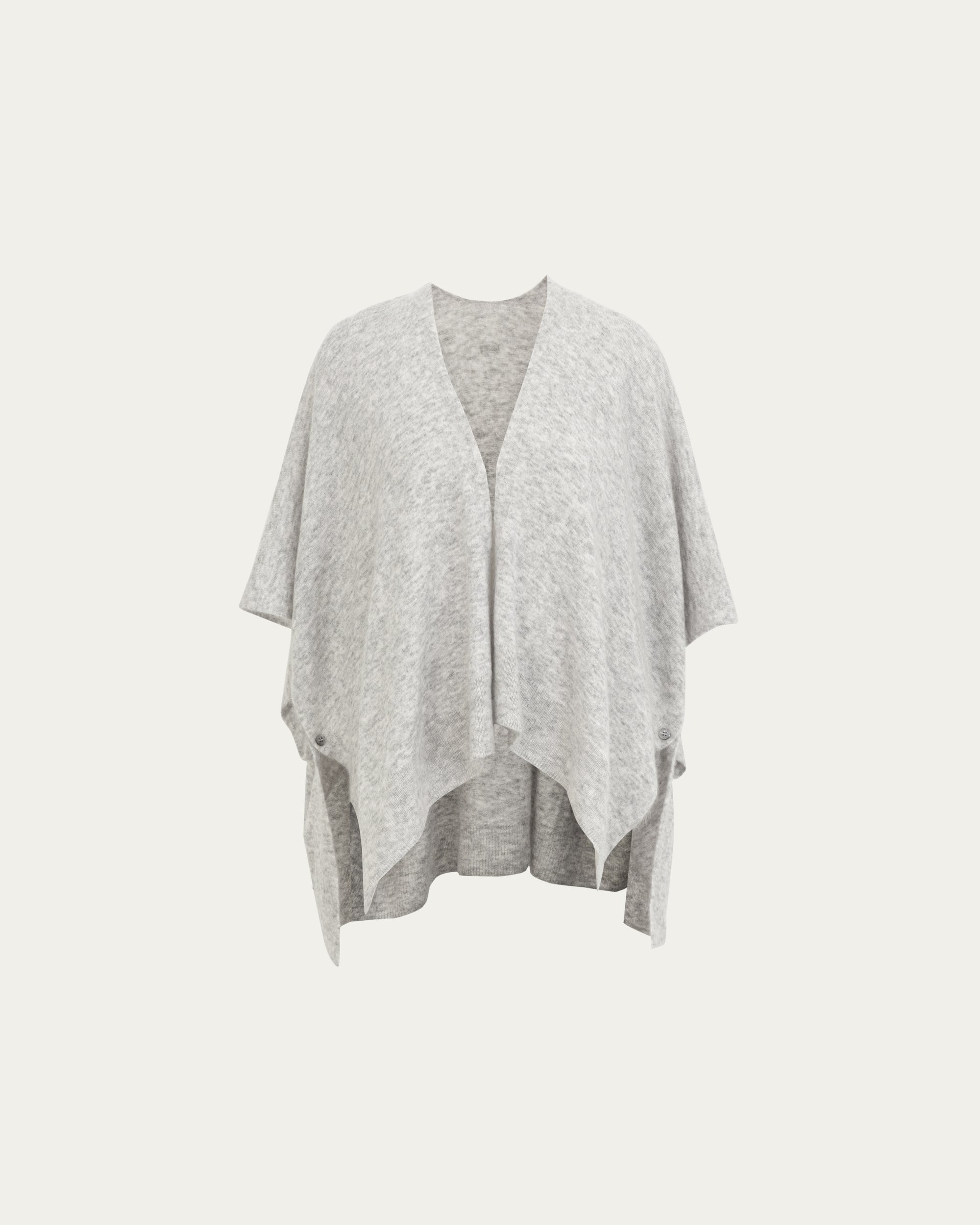 Ghost mannequin front view of light grey wool–cashmere–hemp cape; smooth front drape and neckline.