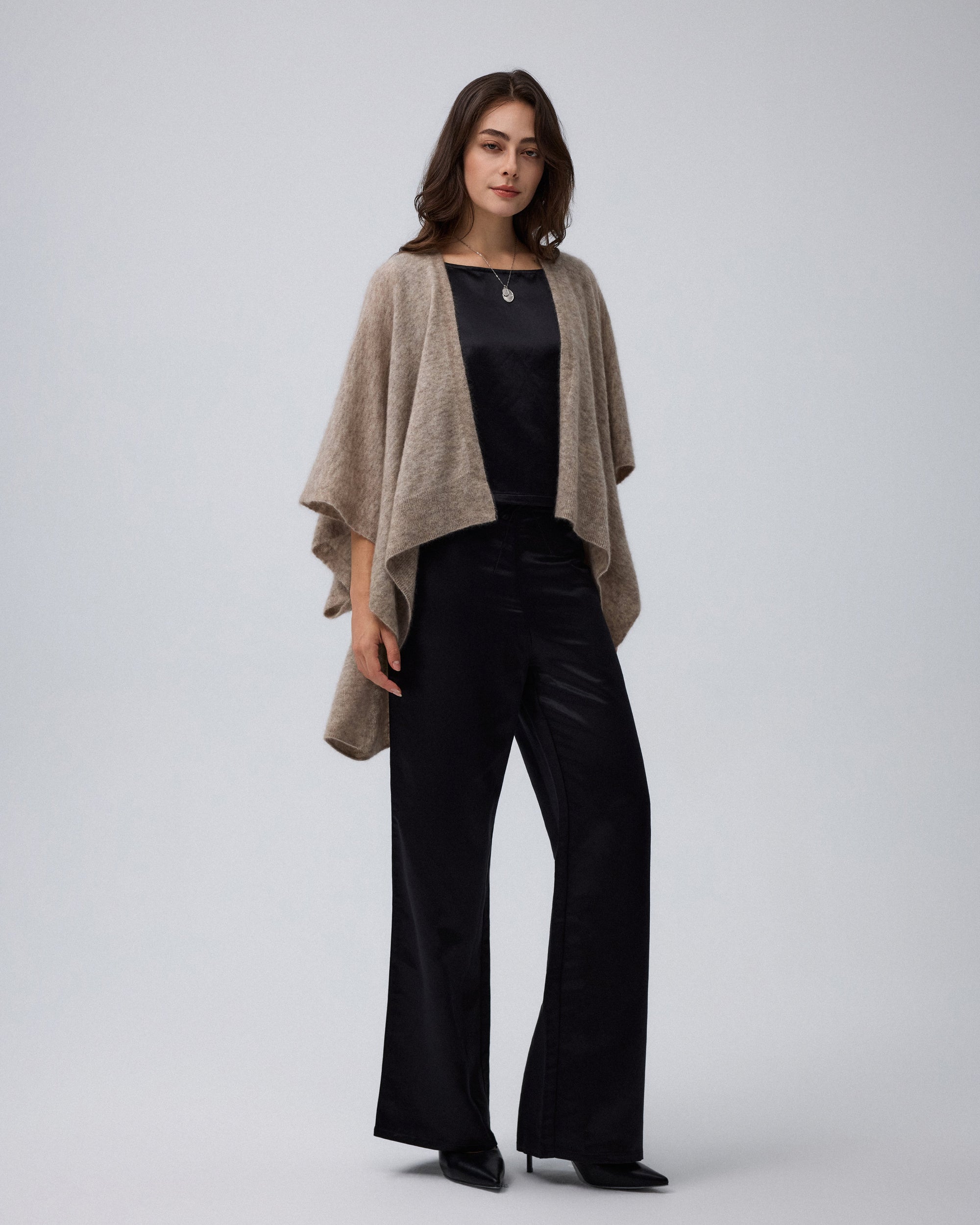 Model styling Juana Cashmere Cape (oatmeal) over the Aven Silk Set