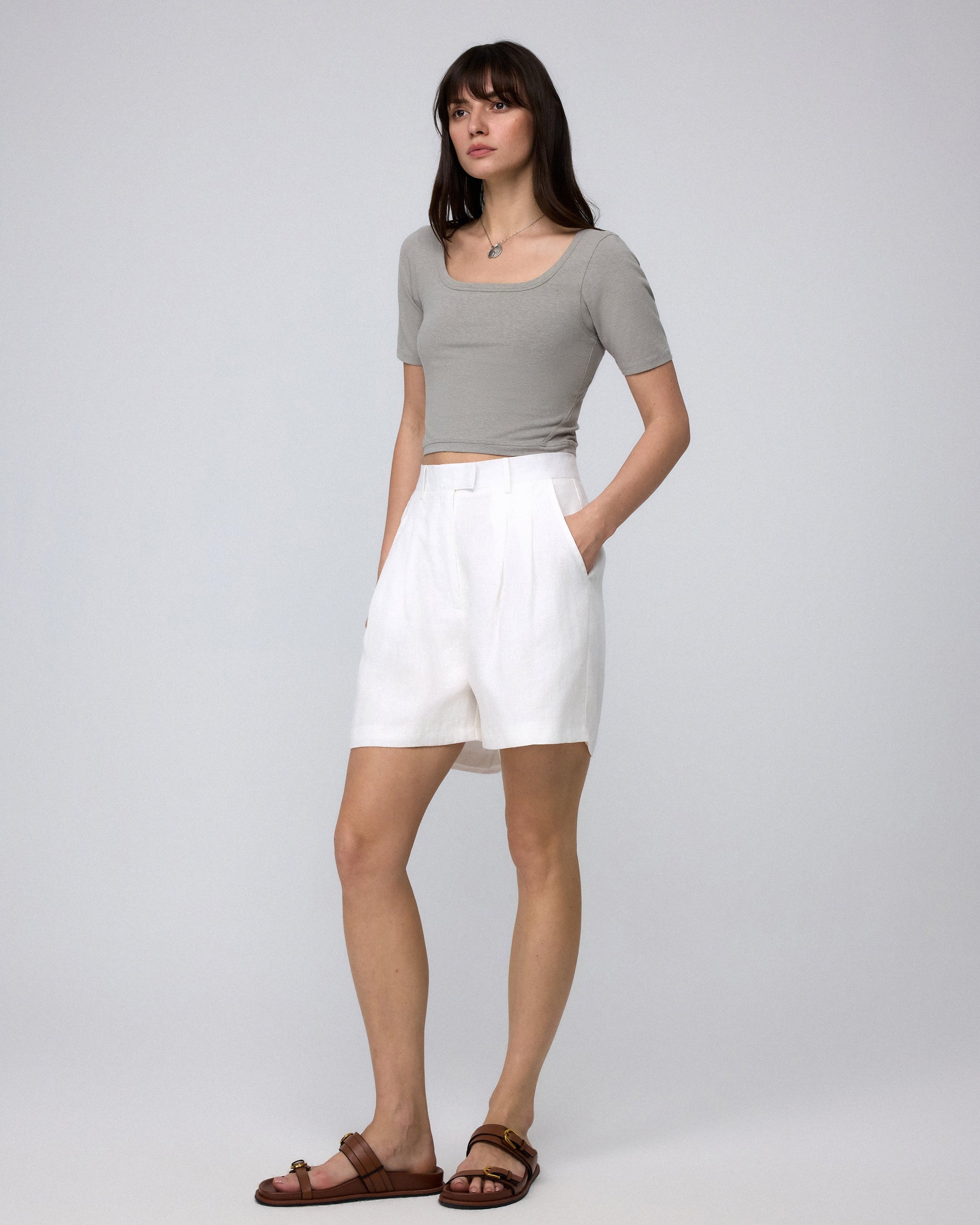 Two models styling Classic Square Neck T-Shirt (gray and black) with tailored joggers for a relaxed, eco-friendly look.