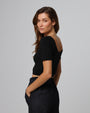 Detail shot of square neckline and stitching on Classic Square Neck T-Shirt (black).