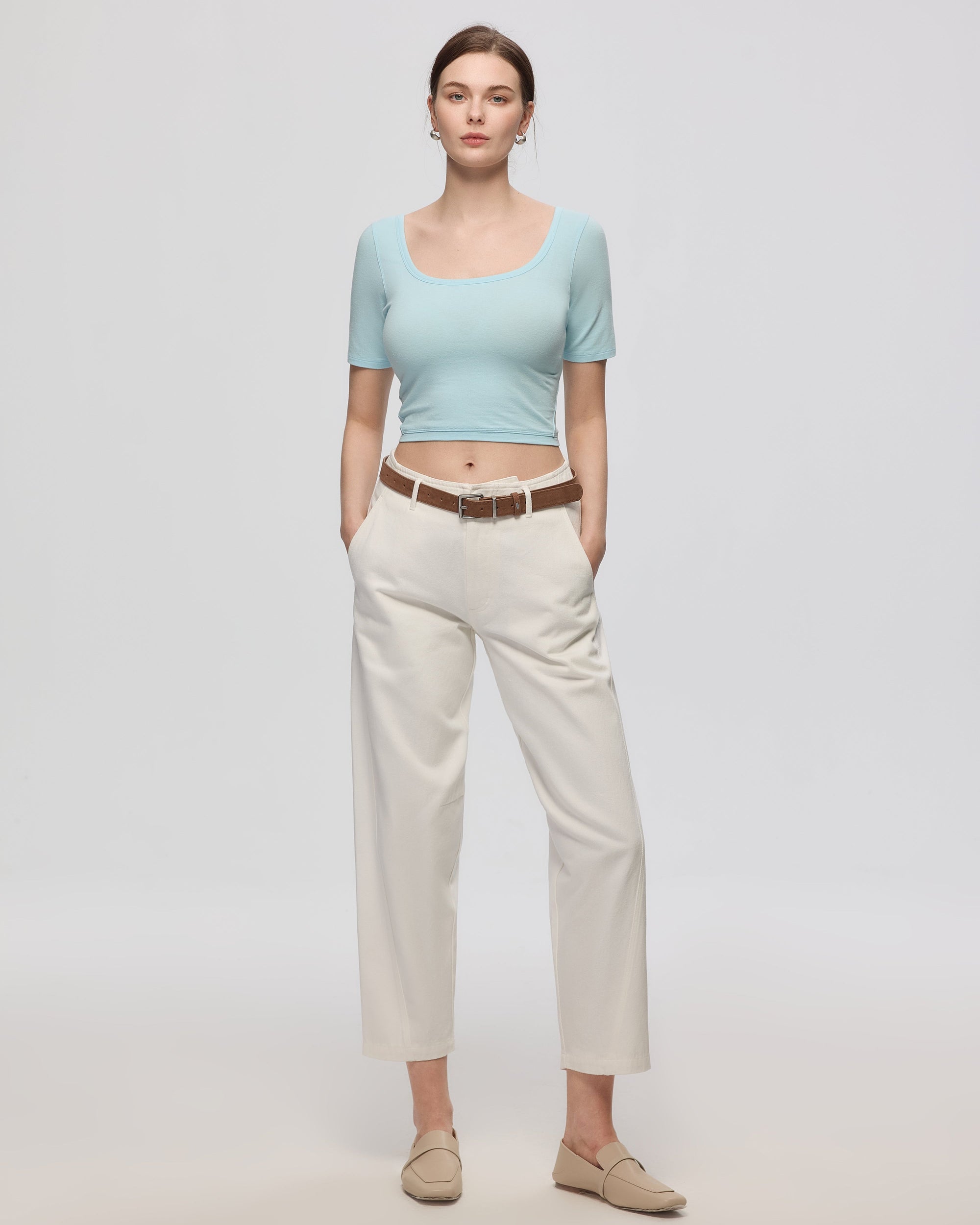 Juana Classics Squareneck T-Shirt sky blue (organic cotton–hemp) complete outfit featuring square neckline