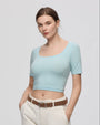 Juana Classics Squareneck T-Shirt sky blue (organic cotton–hemp) on model featuring square neckline