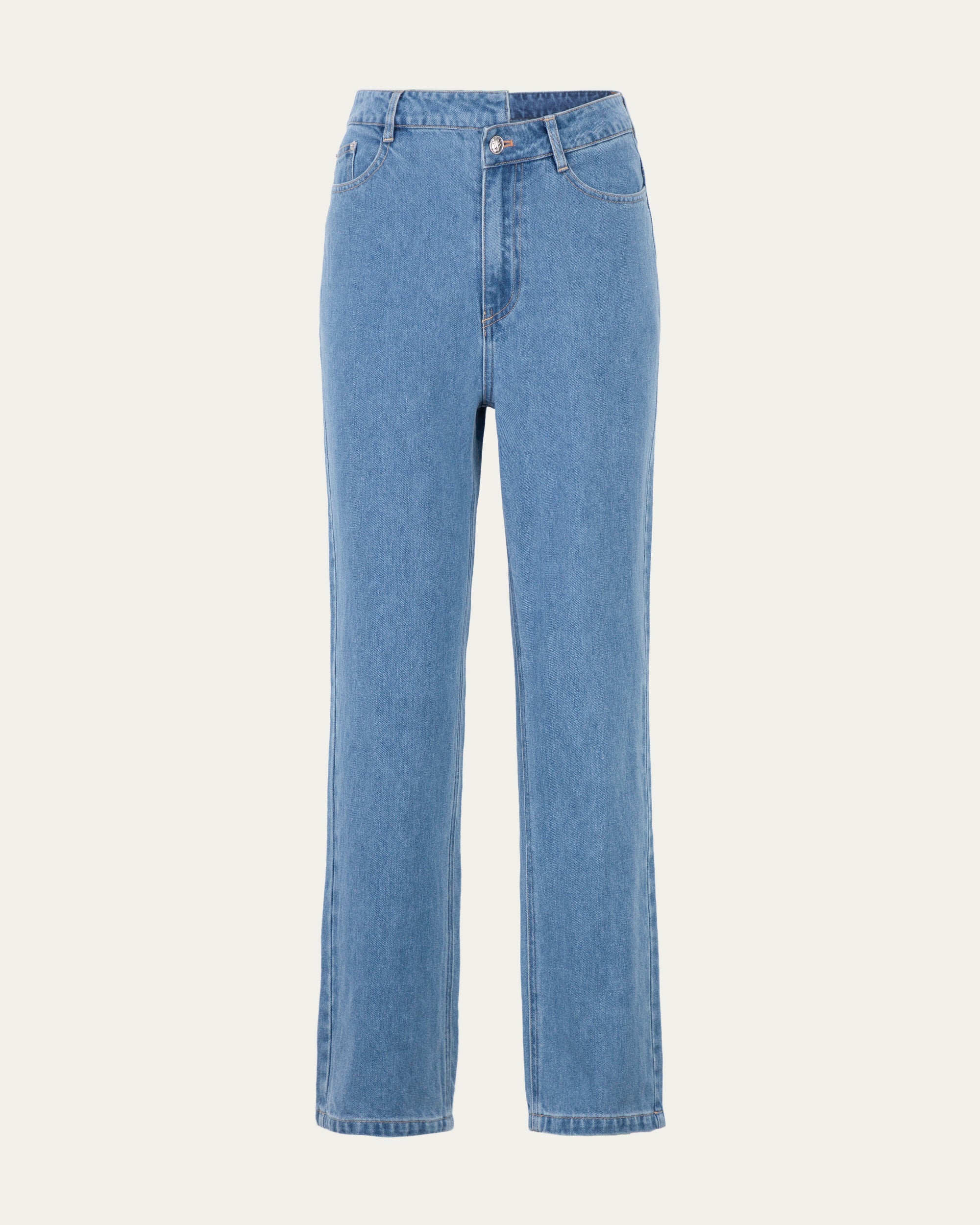 Juana Denim Atelier Crossover Jeans light blue denim (cotton–hemp) ghost front view with crossover waistband