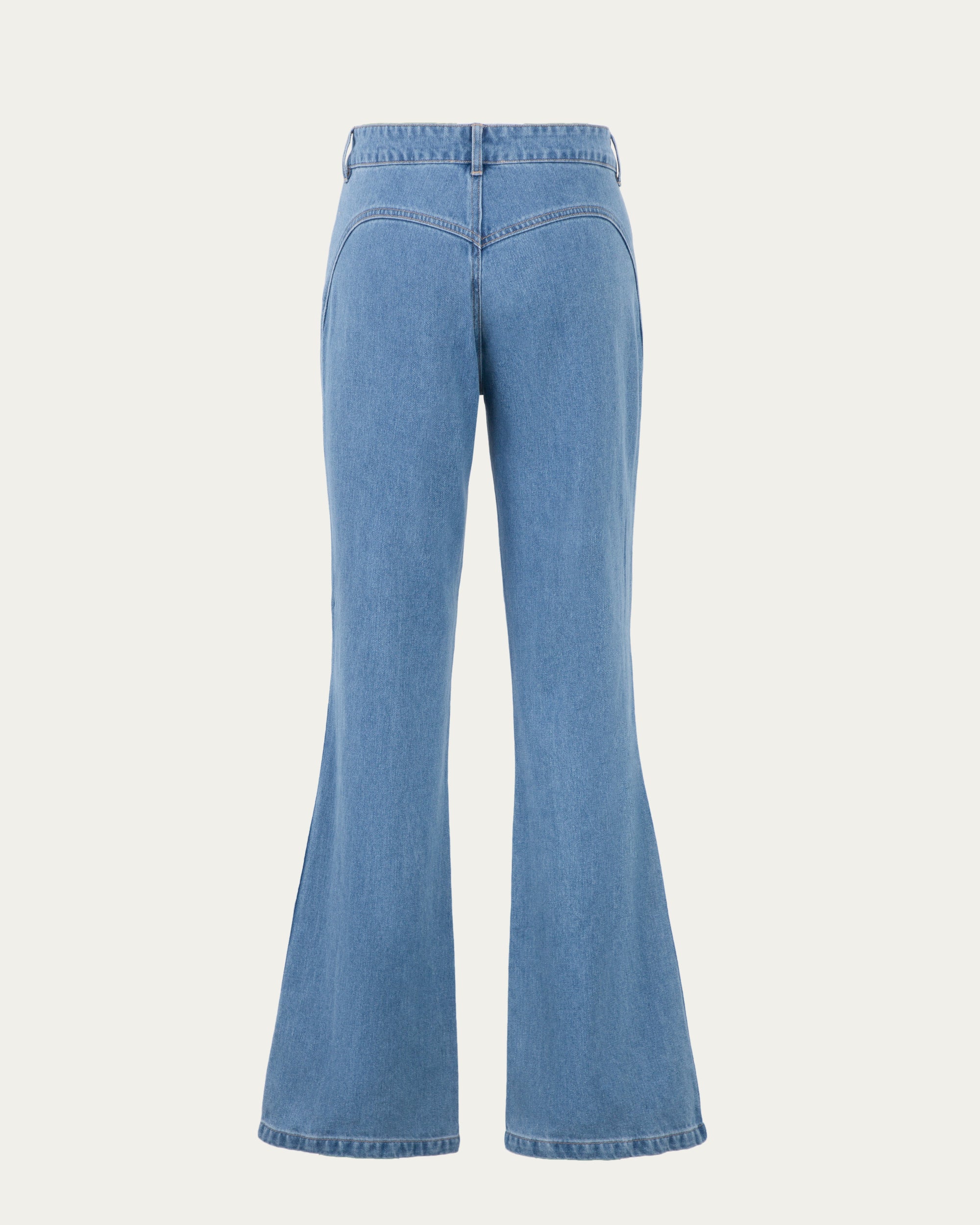 Juana Denim Atelier Flare Jeans light blue denim (cotton–hemp blend) ghost back view showing clean back silhouette