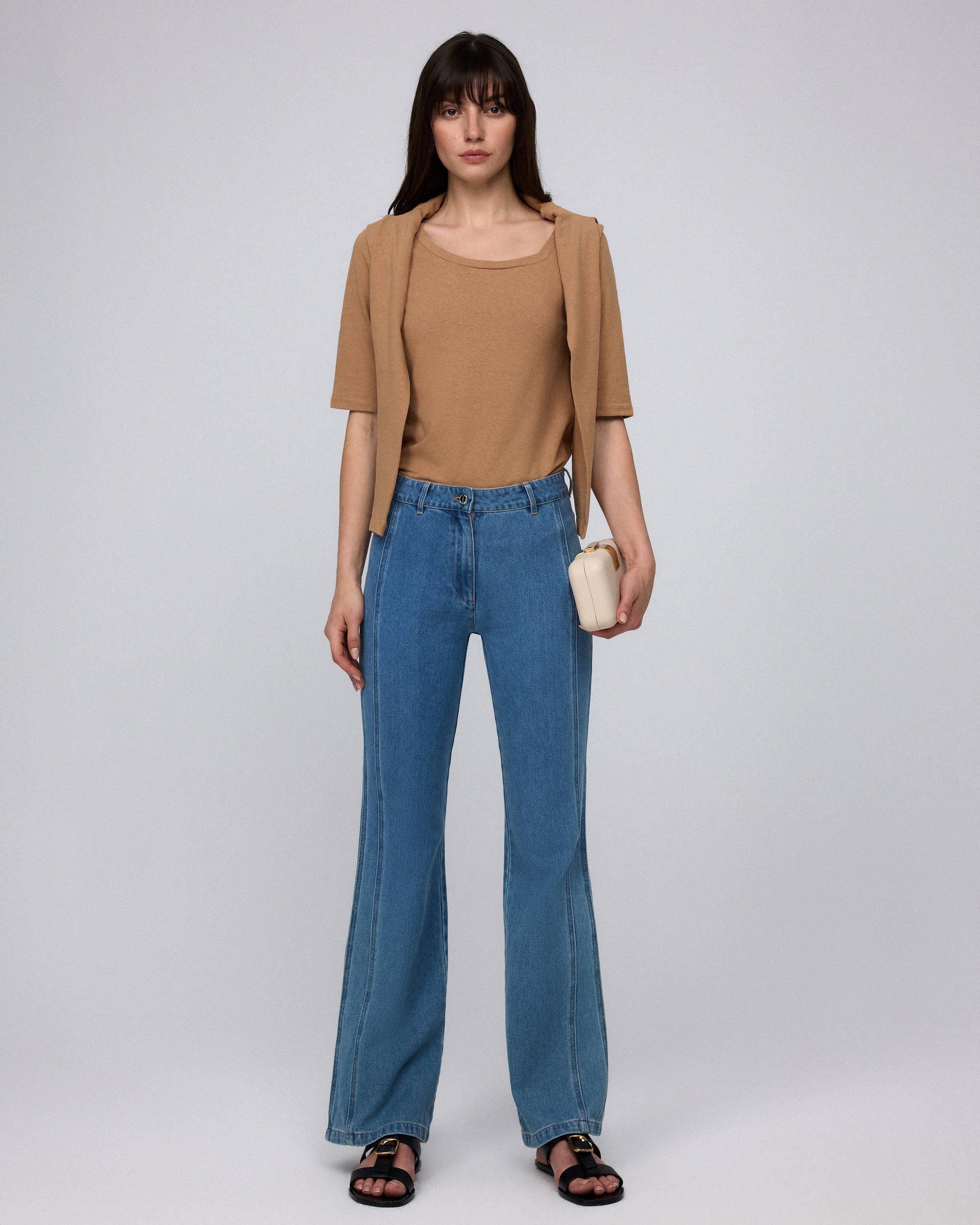 Juana Denim Atelier Flare Jeans full-length light blue denim (cotton–hemp blend) model look 1 showing elongated silhouette
