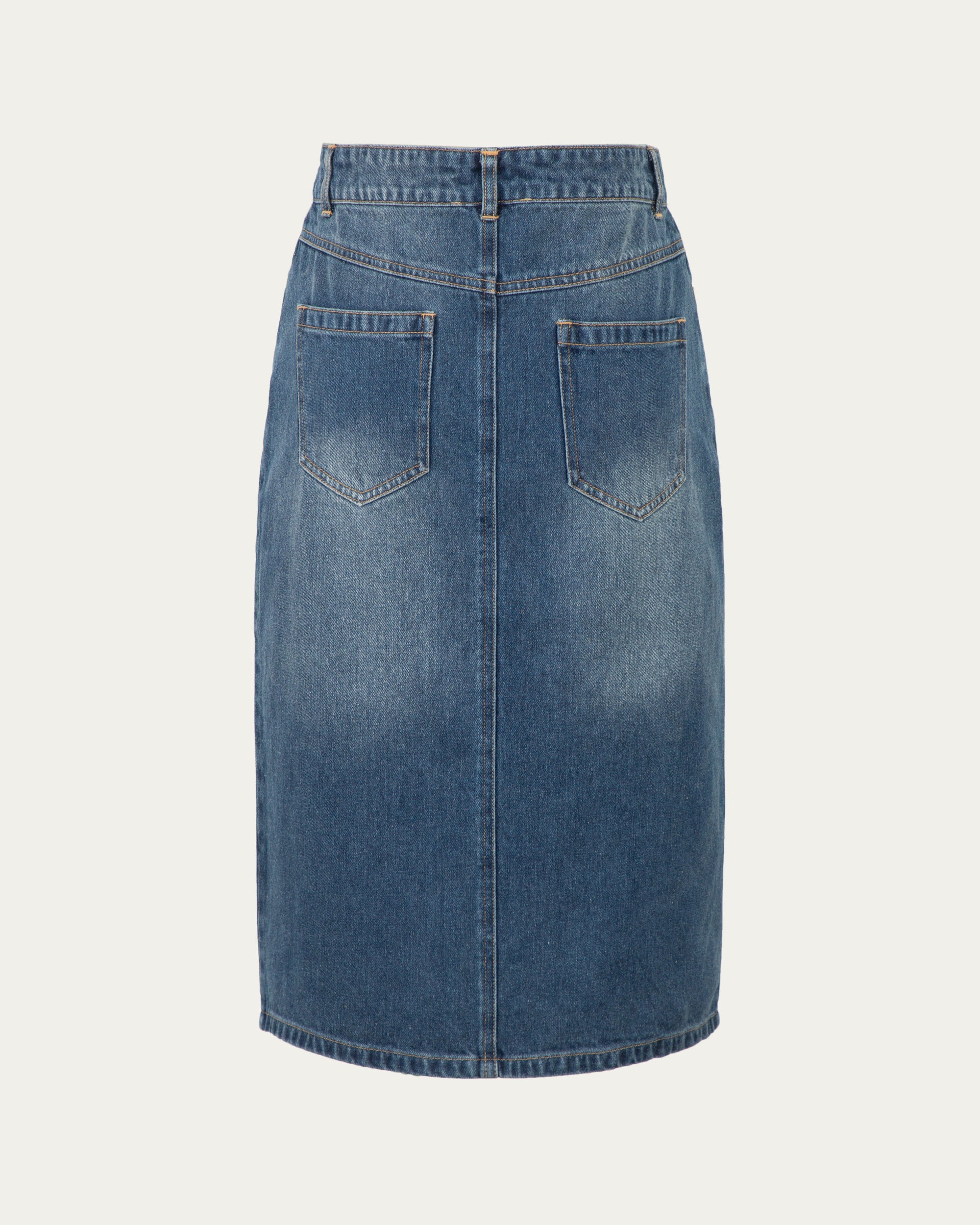 Juana Denim Atelier Midi Skirt Medium Indigo (hemp–cotton) ghost back showing clean back silhouette and denim drape