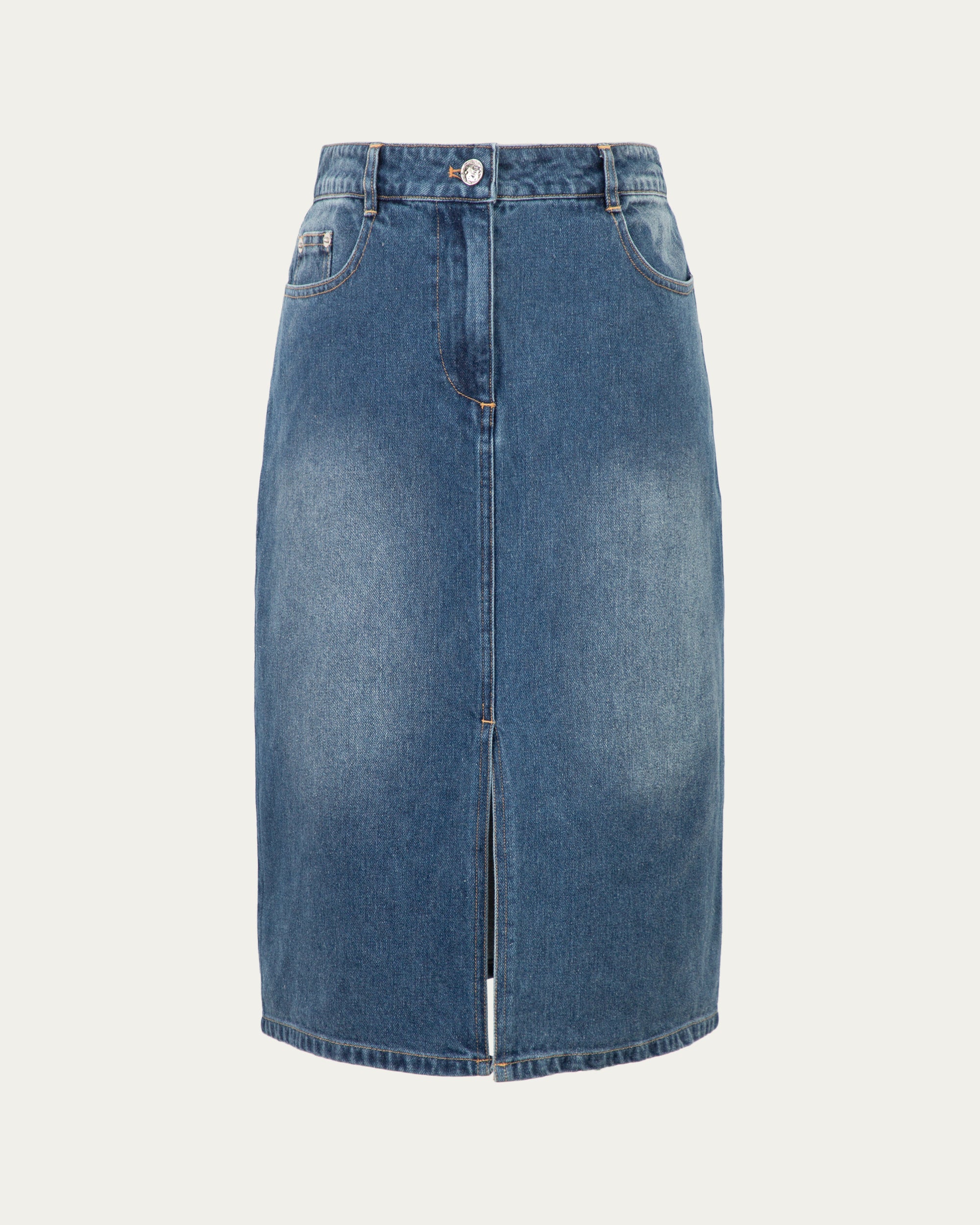Juana Denim Atelier Midi Skirt Medium Indigo (hemp–cotton) ghost front showing integrated pockets and front slit