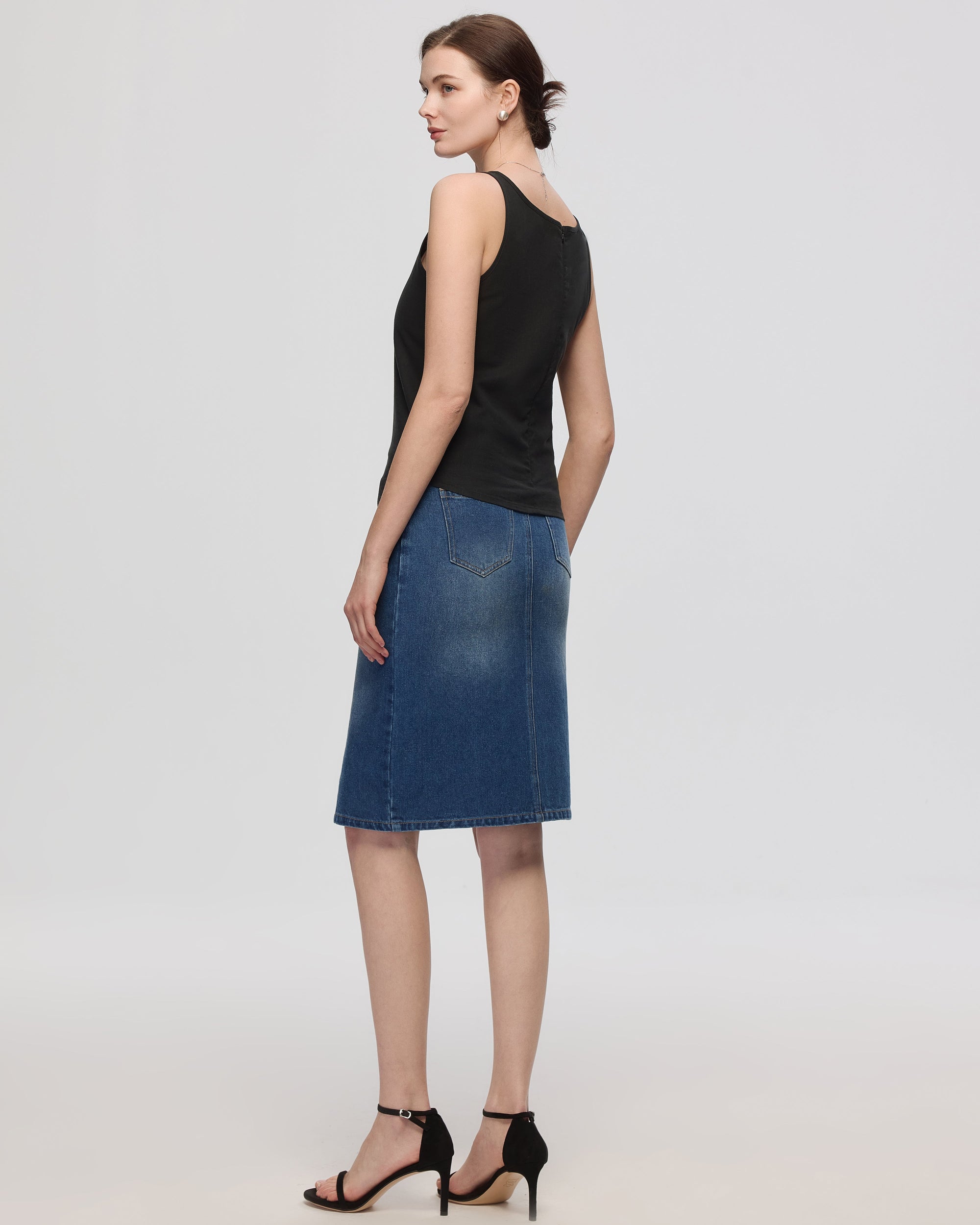 Juana Denim Atelier Midi Skirt Medium Indigo (hemp–cotton) back view on model showing clean back silhouette