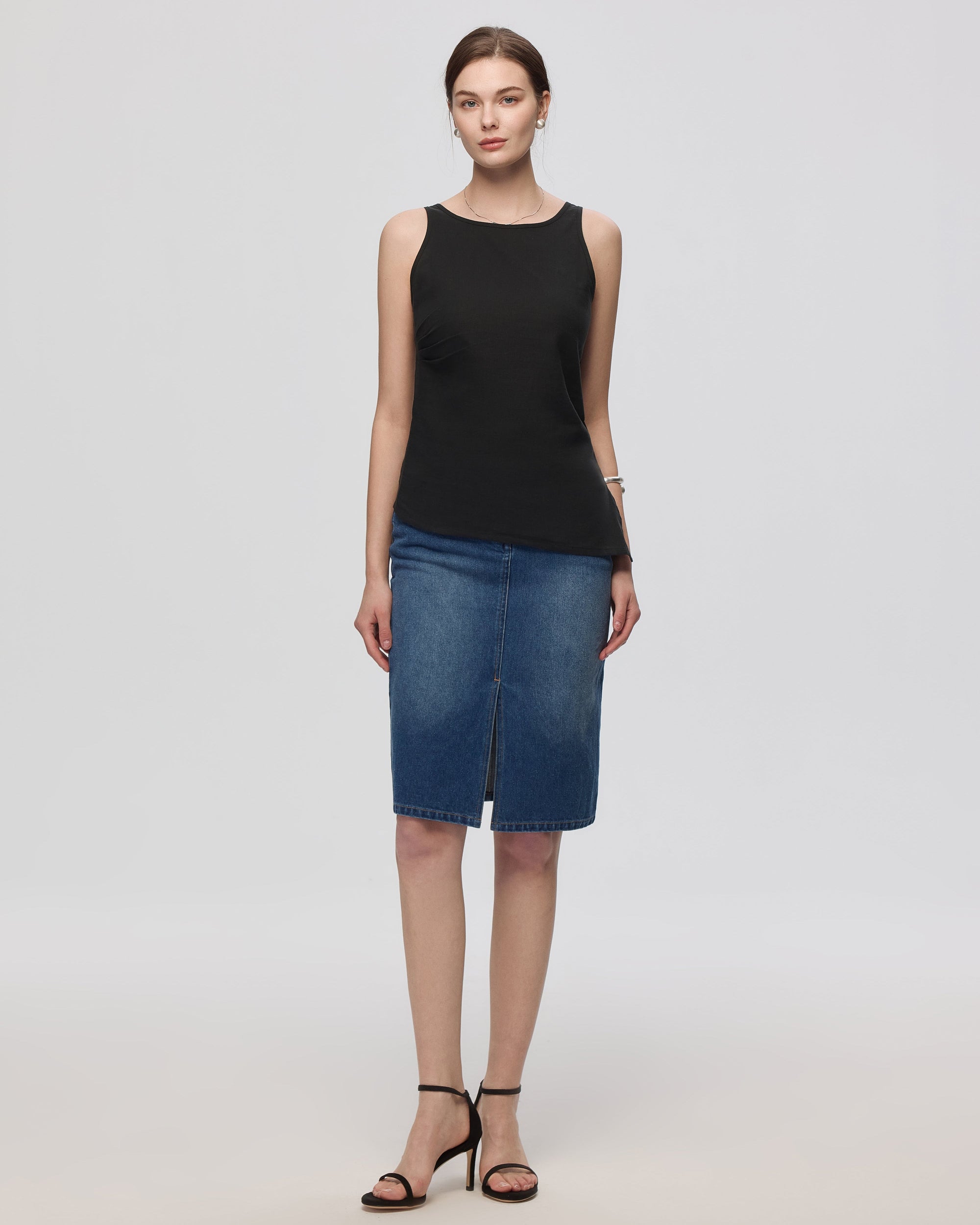 Juana Denim Atelier Midi Skirt Medium Indigo (hemp–cotton) complete look showing full outfit styling and refined denim shape