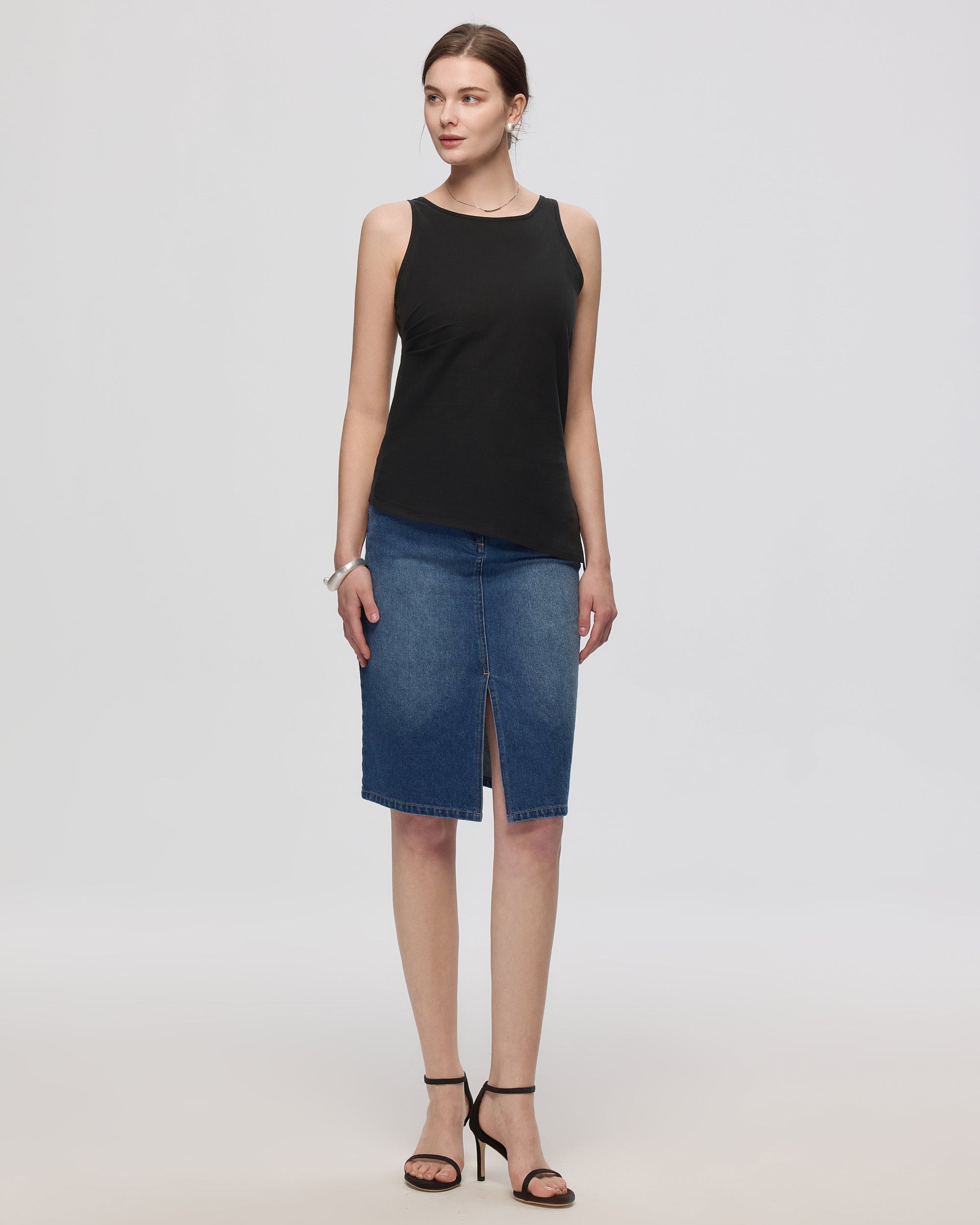 Juana Denim Atelier Midi Skirt Medium Indigo (hemp–cotton) styled look showing midi length and clean lines