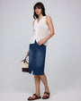 Juana Denim Atelier Midi Skirt Medium Indigo (hemp–cotton) styled look showing midi length and clean lines