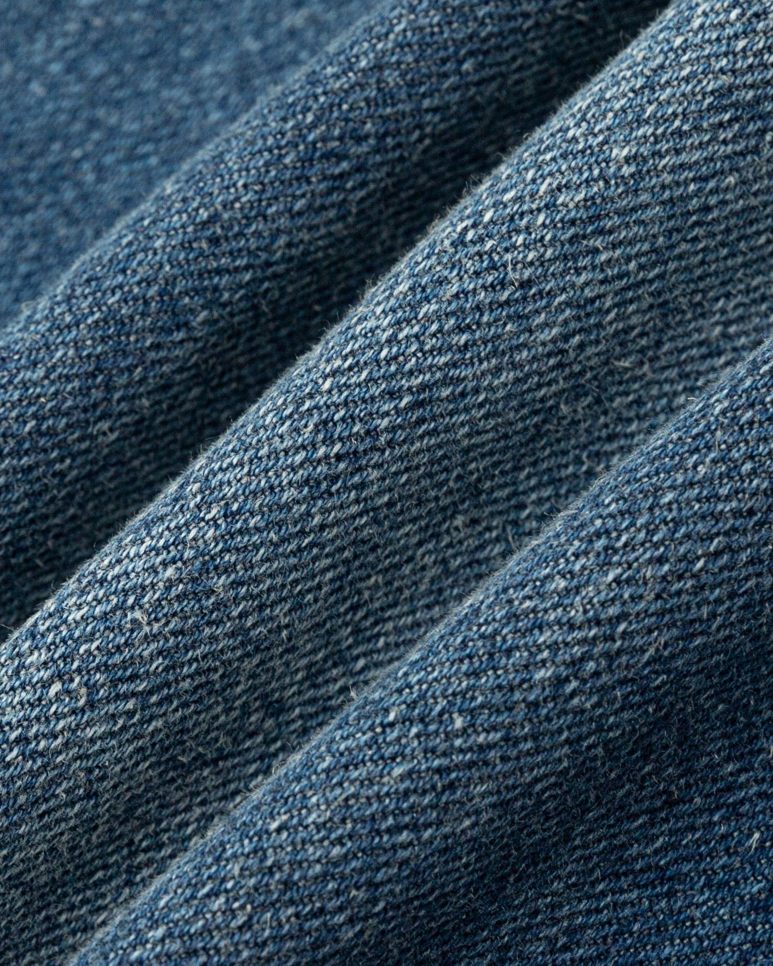 Juana Denim Atelier Midi Skirt Medium Indigo (hemp–cotton) textile close-up showing denim texture and rusted indigo wash