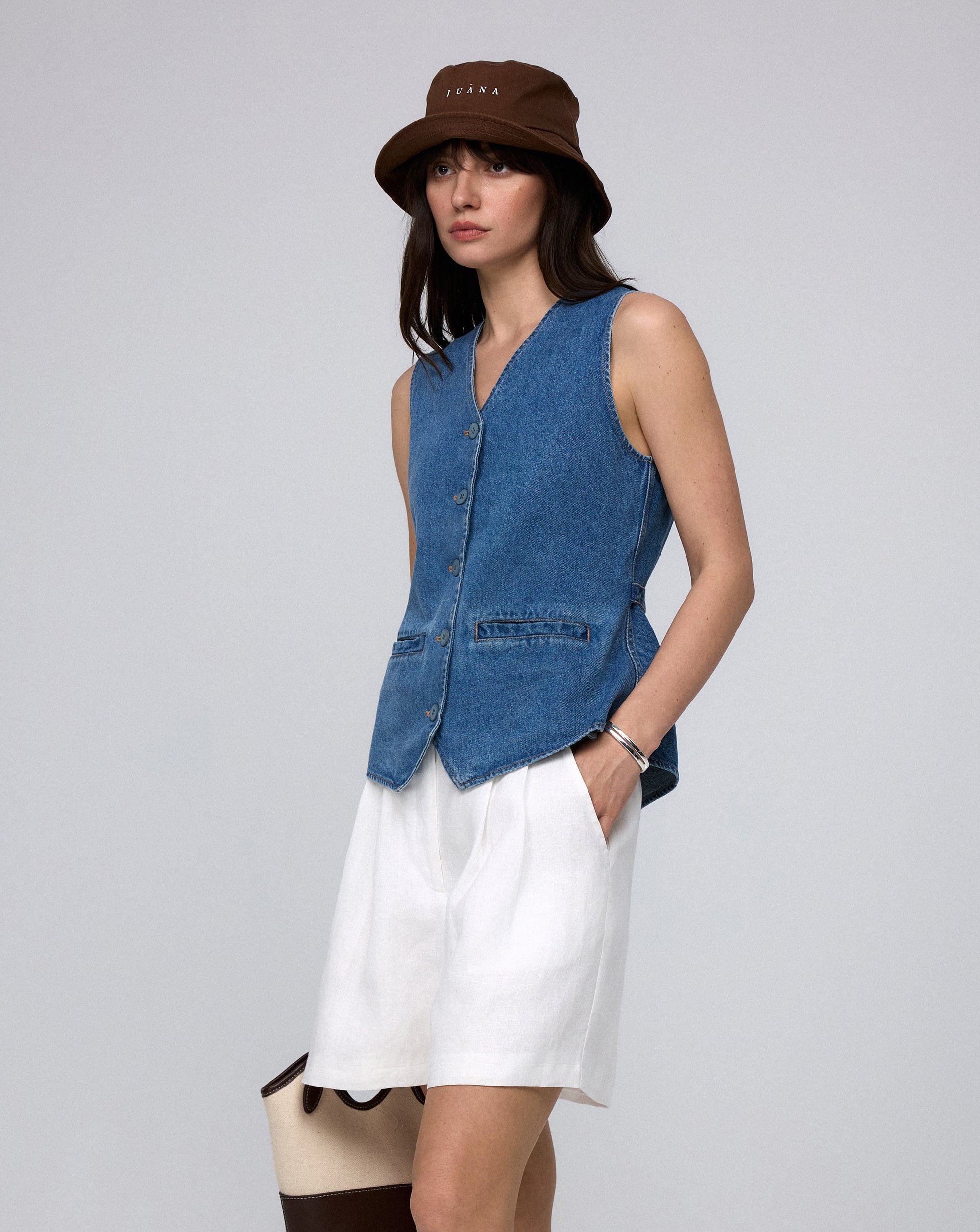 Juana Denim Atelier Vest light blue denim (hemp–cotton) model main image with tailored fit