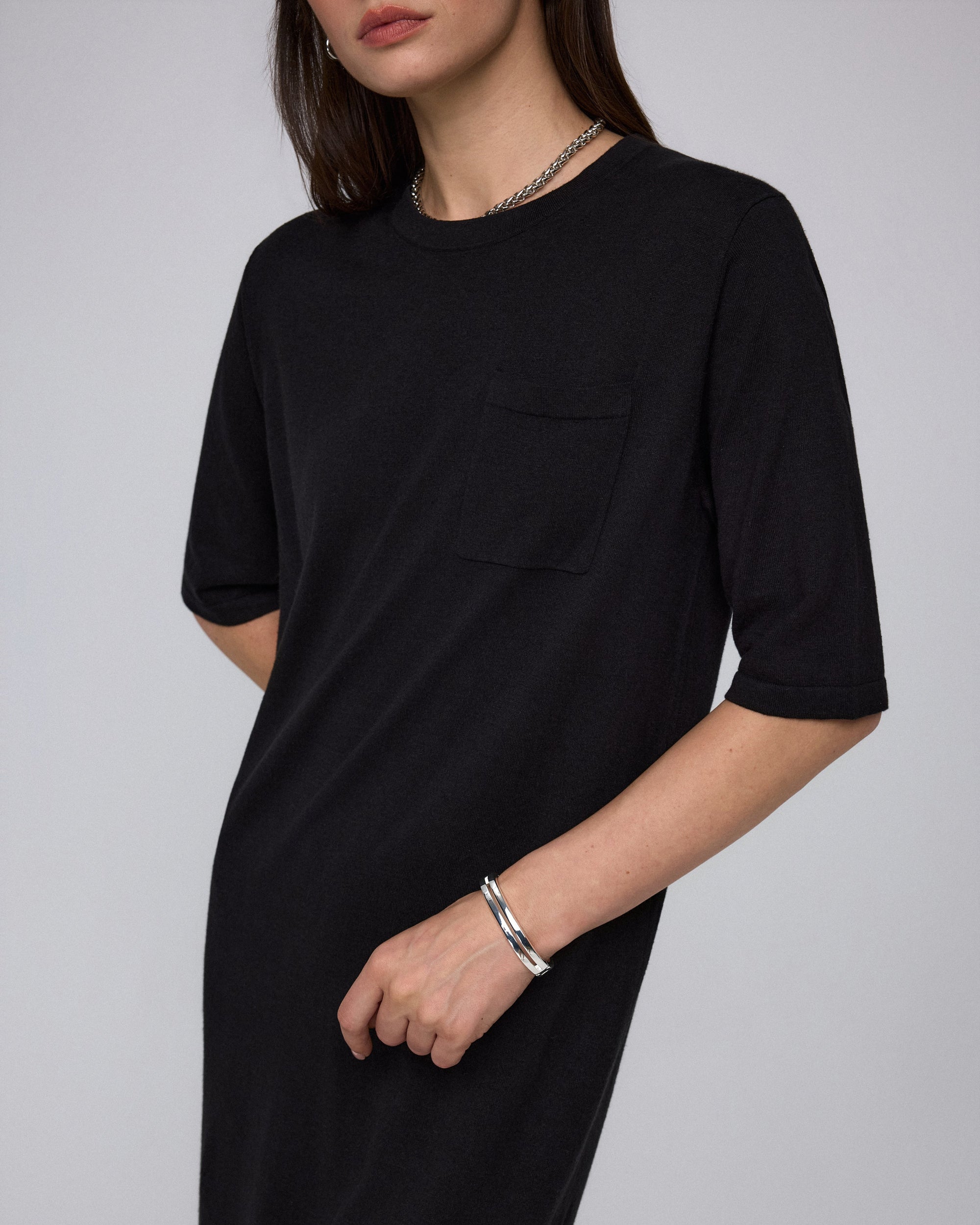 Juana Elara Short Sleeve Maxi Dress black (hemp–cotton) sweater-knit and pocket detail