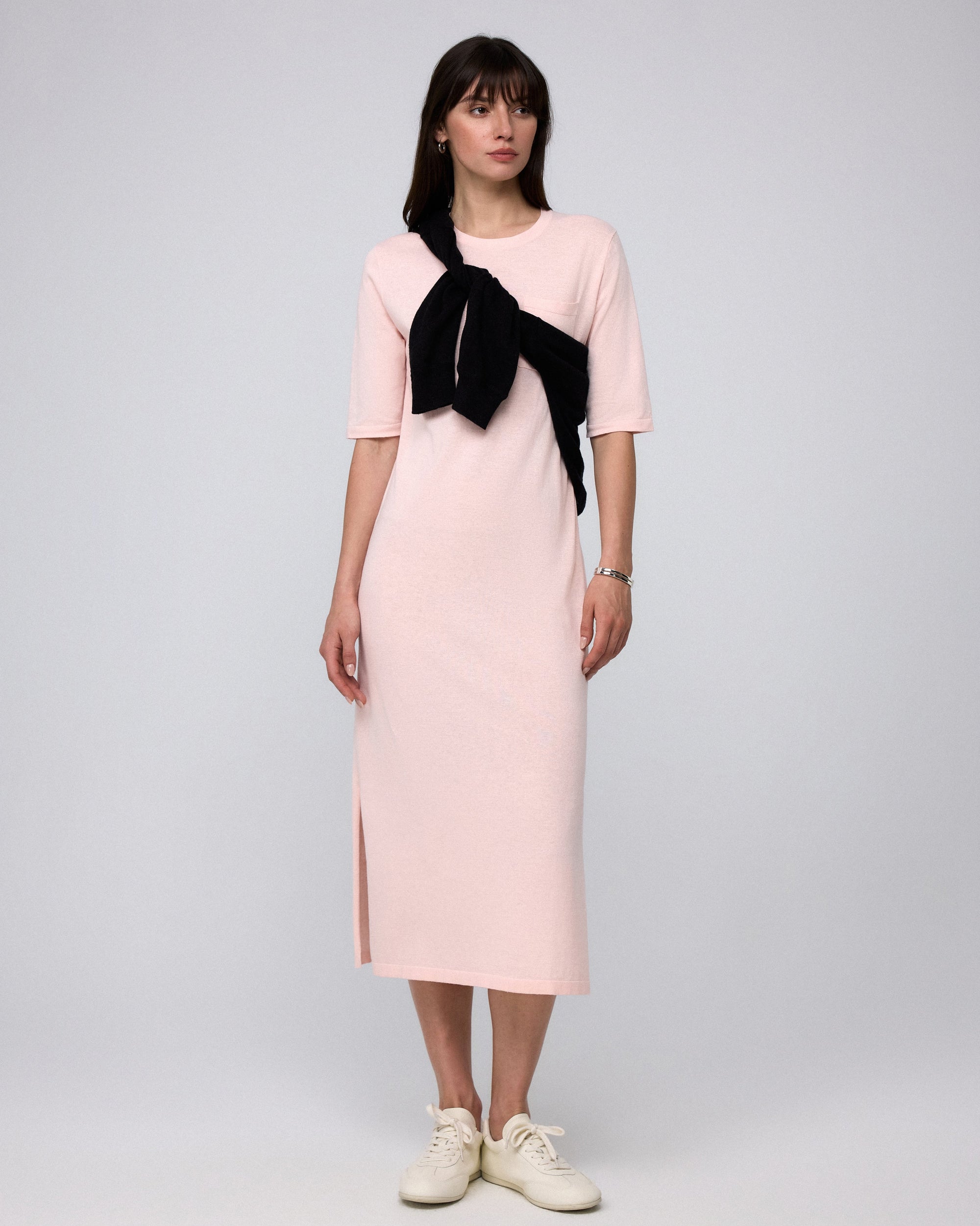 Juana Elara Short Sleeve Maxi Dress blush (hemp–cotton) complete outfit styling