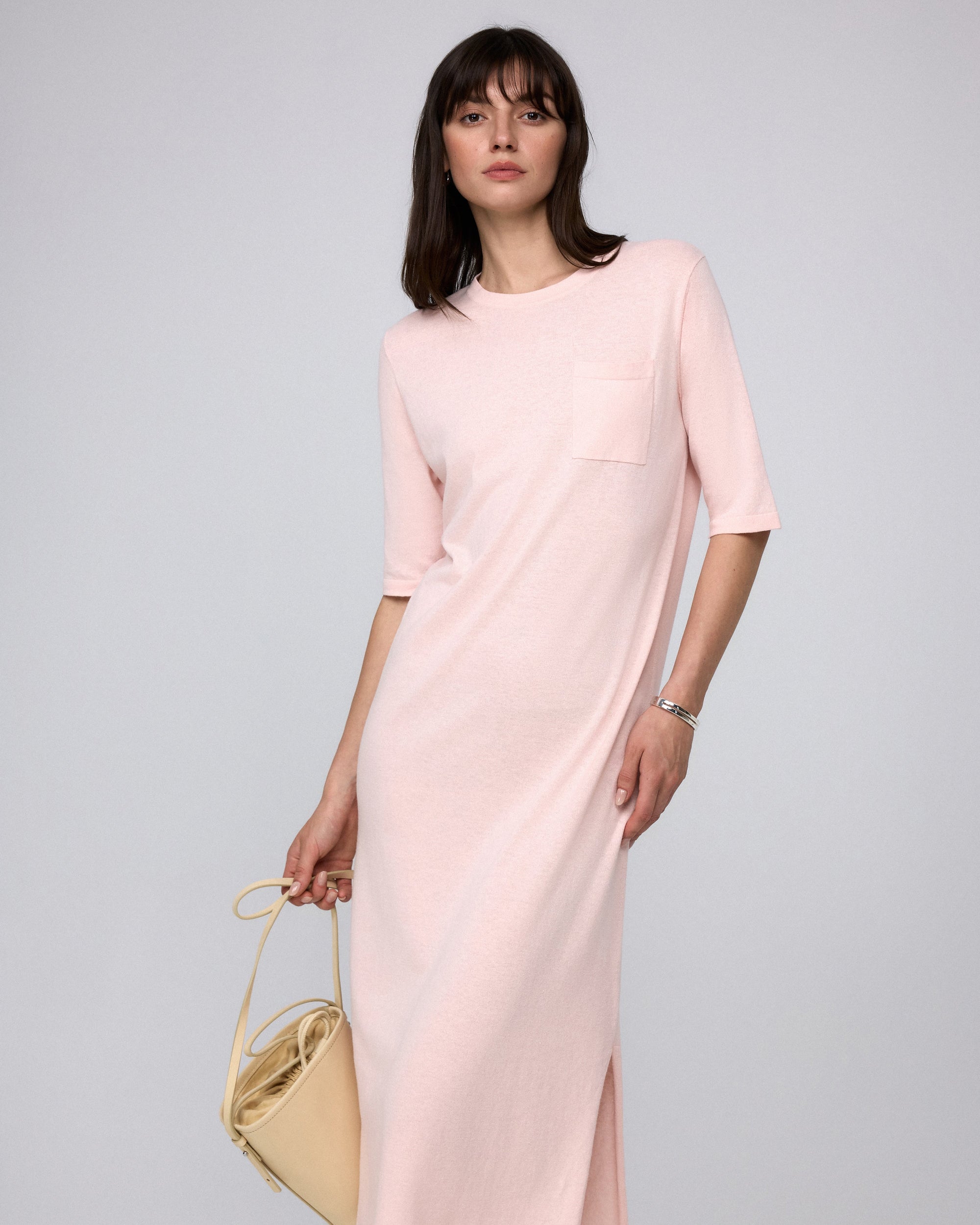 Juana Elara Short Sleeve Maxi Dress blush (hemp–cotton) styled daytime look