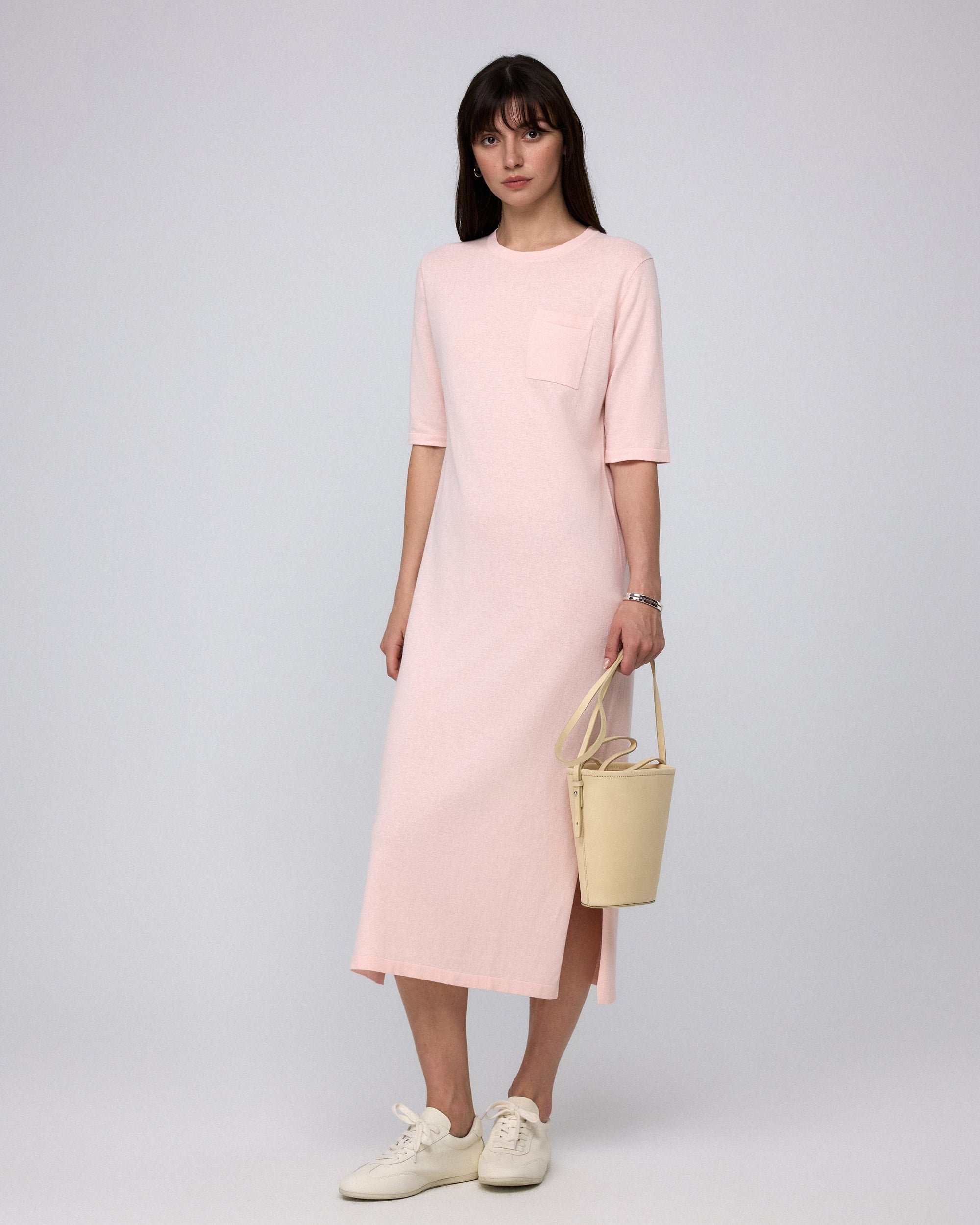 Juana Elara Short Sleeve Maxi Dress blush (hemp–cotton) main model view with relaxed drape
