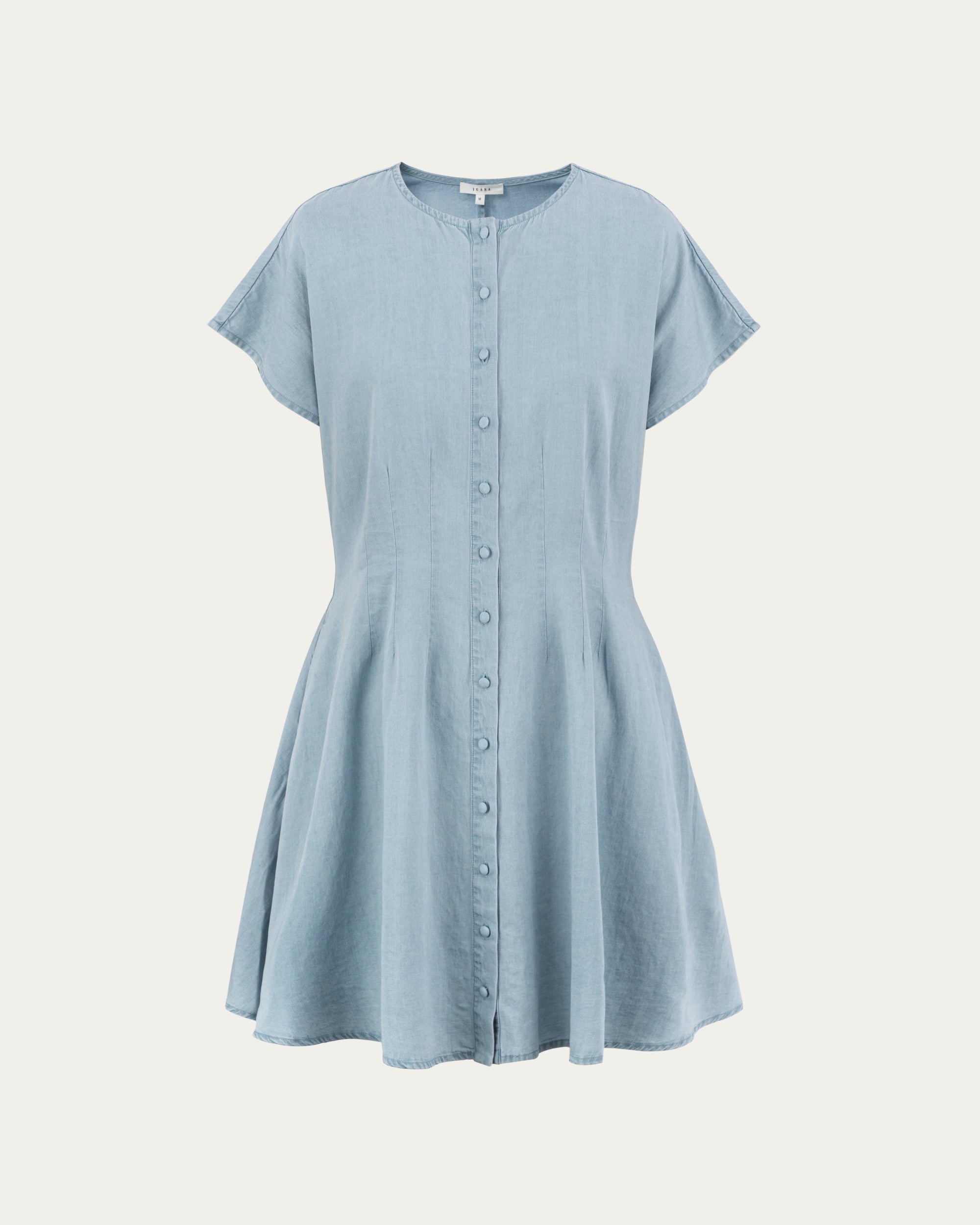Juana Faye Pleated Shirt Dress chambray blue (Tencel–cotton–hemp blend) ghost front showing button front and cap sleeves
