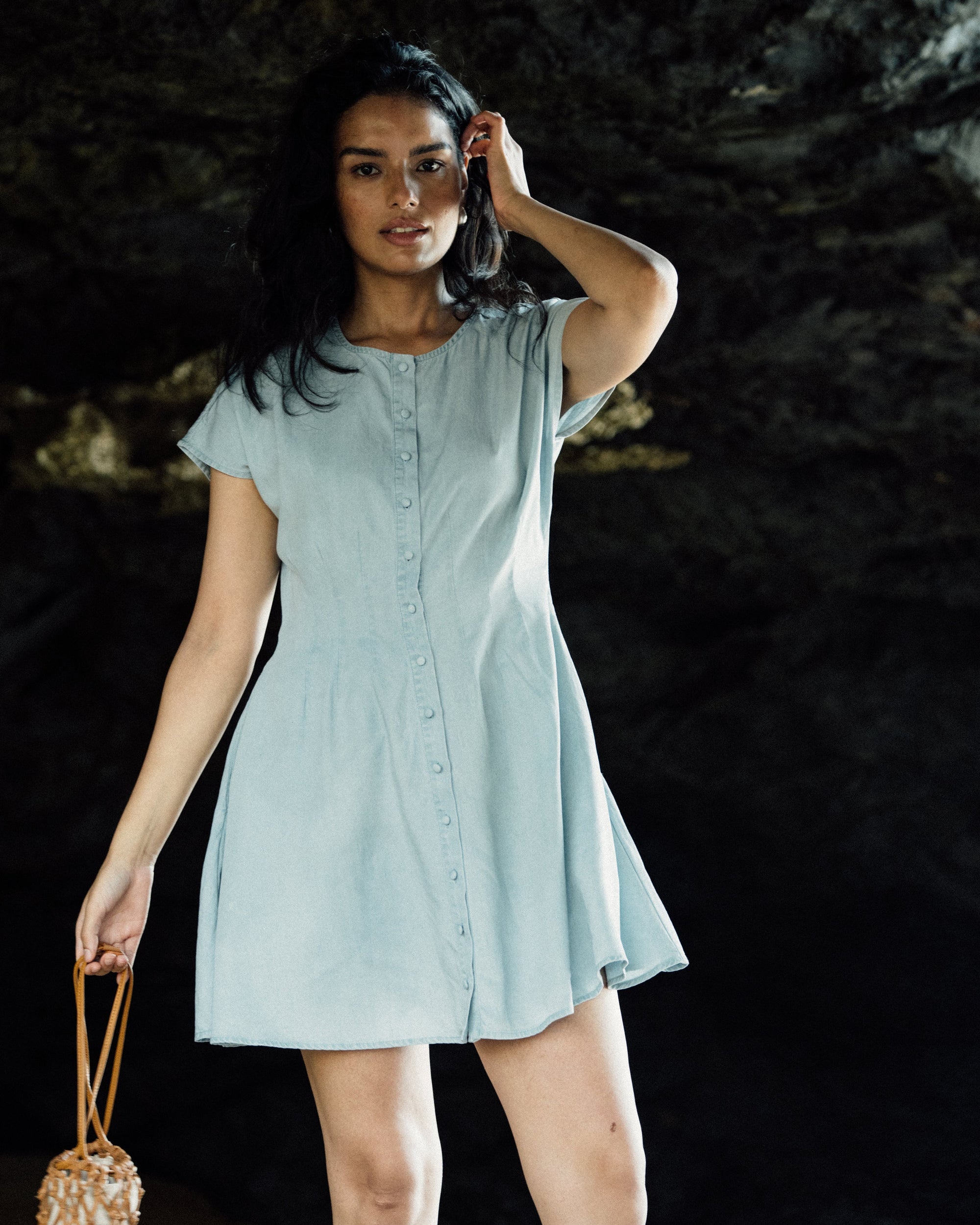 Juana Faye Pleated Shirt Dress chambray blue (Tencel–cotton–hemp blend) lifestyle image in nature